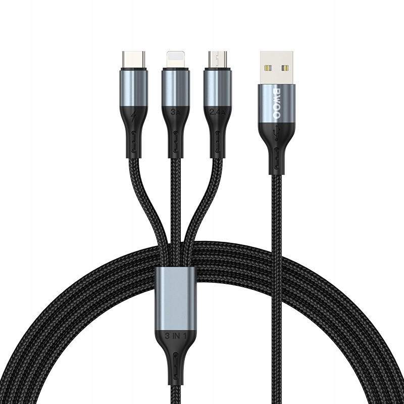Bwoo Kabel Usb 3W1 Usb-c Lightning Micro Usb Do Iphone Telefon Tablet 3A 1M