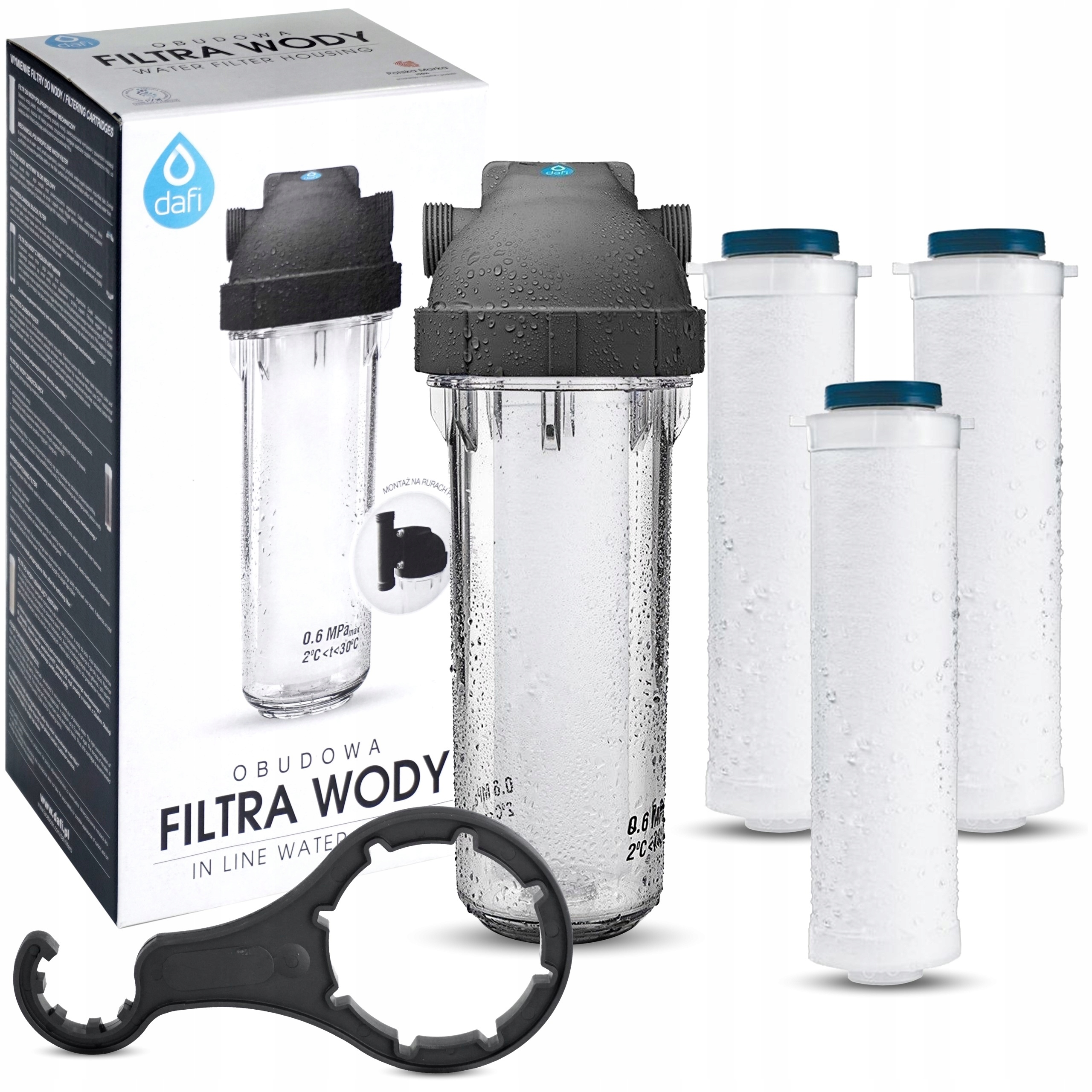 Dafi Filtr Wody Przepływowy Obudowa Korpus 1" Wkład Mechaniczny 3 szt.