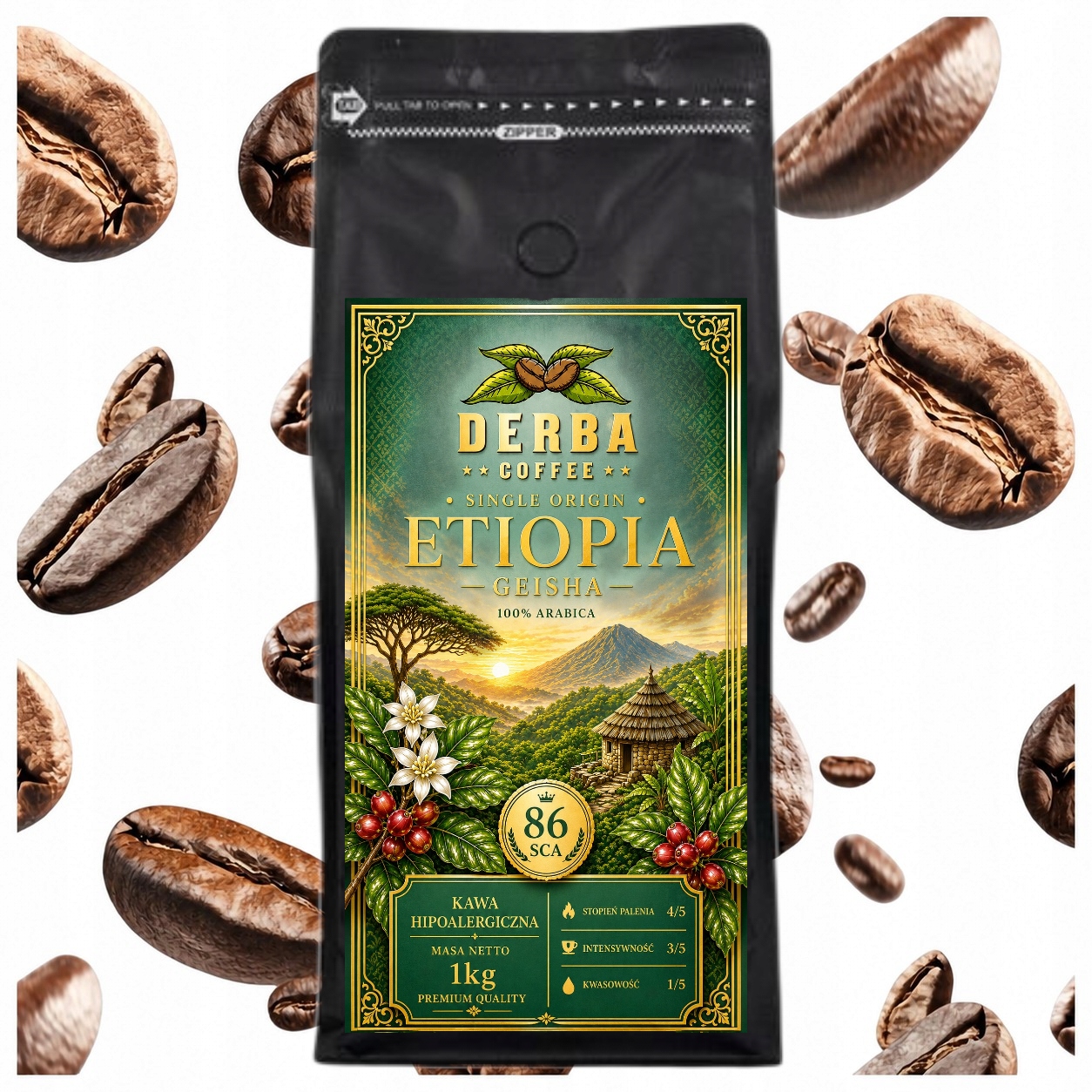 Kawa Etiopia Niskodrażniąca 1kg ziarnista 100% Arabika Specialty Geisha