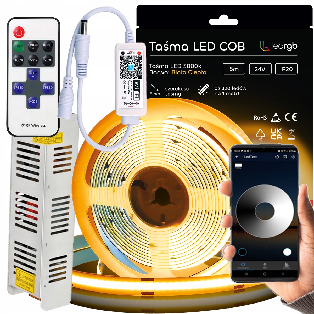 Sada Led pásků Cob 24V 5 m 3000K Bílá Teplá Napájecí Zdroj Dálkový Ovladač Wifi Apka