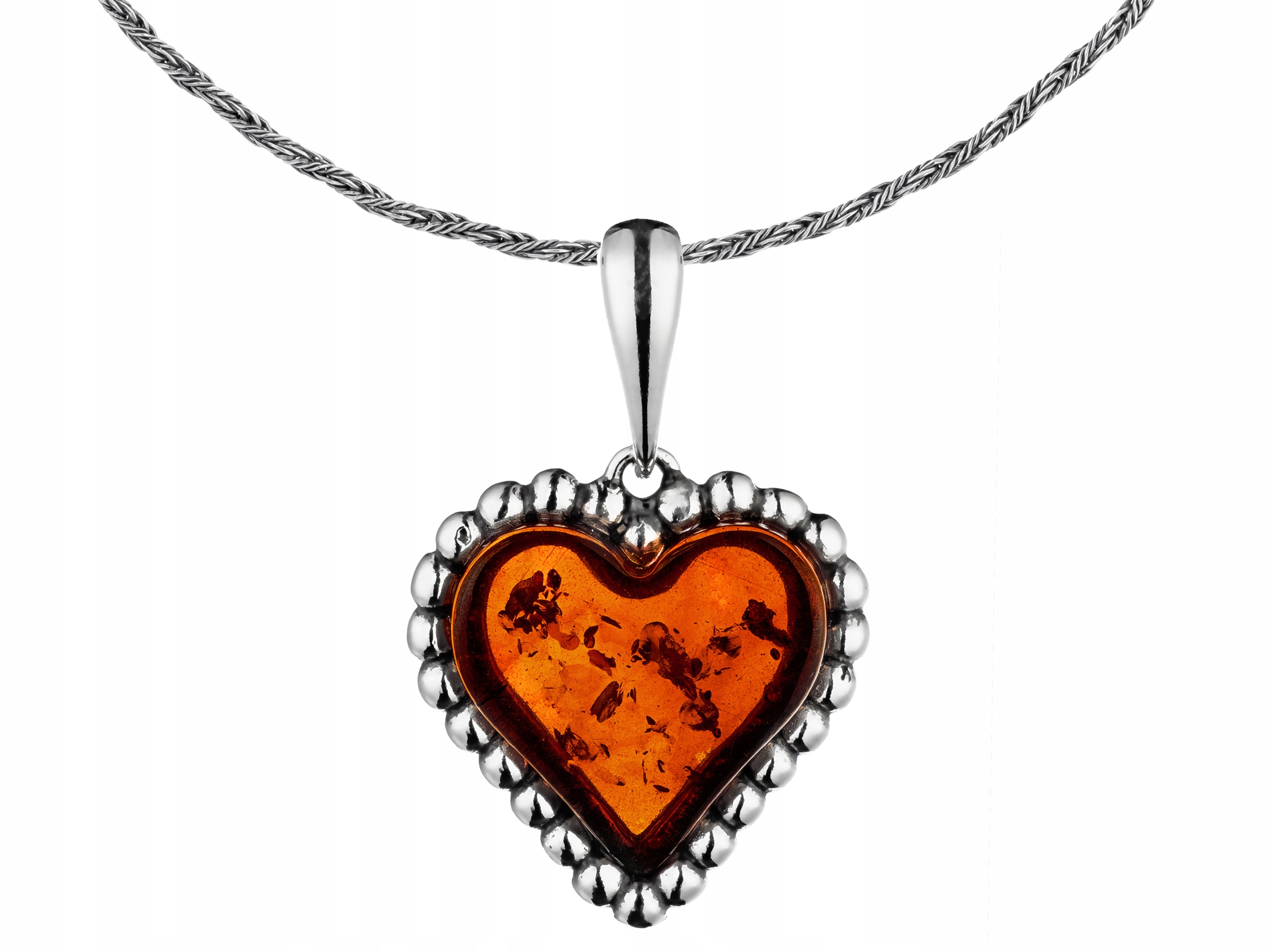 Dlouhý stříbrný oxidovaný dámský náhrdelník Srdíčko s jantarovými kuličkami 65 cm