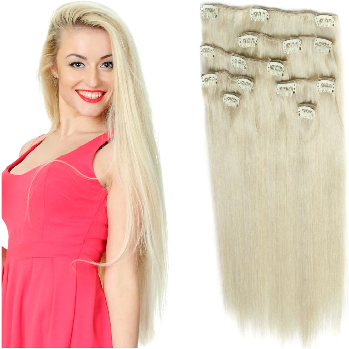 Připínací Vlasy Clip-in Extra Dlouhé Sada 60 CM velmi světlá blond 613