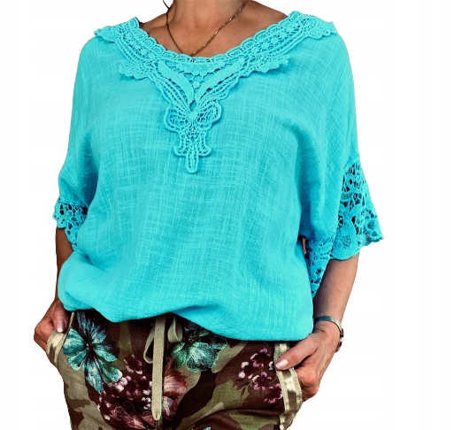 BLUZKA LETNIA, HAFT, GIPIURA, UNI L-XXL , TURKUS