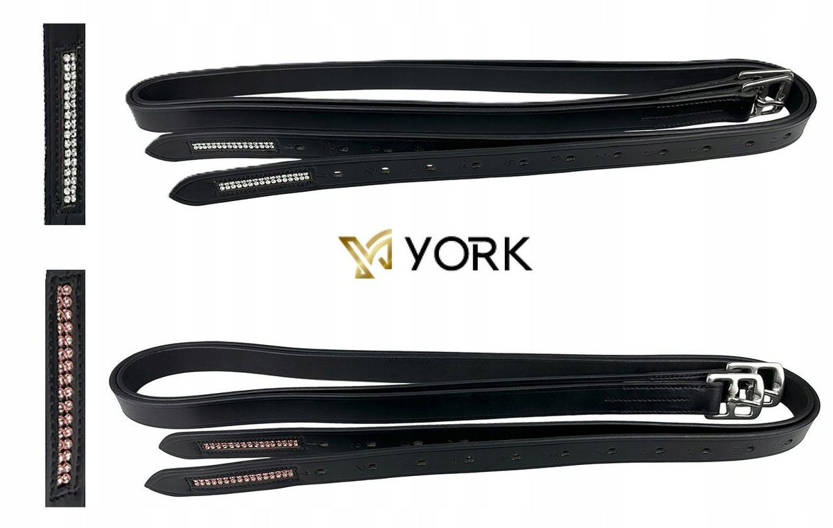 Puśliska skórzane York “Gemma” czarne z diamencikam rose gold 135 cm