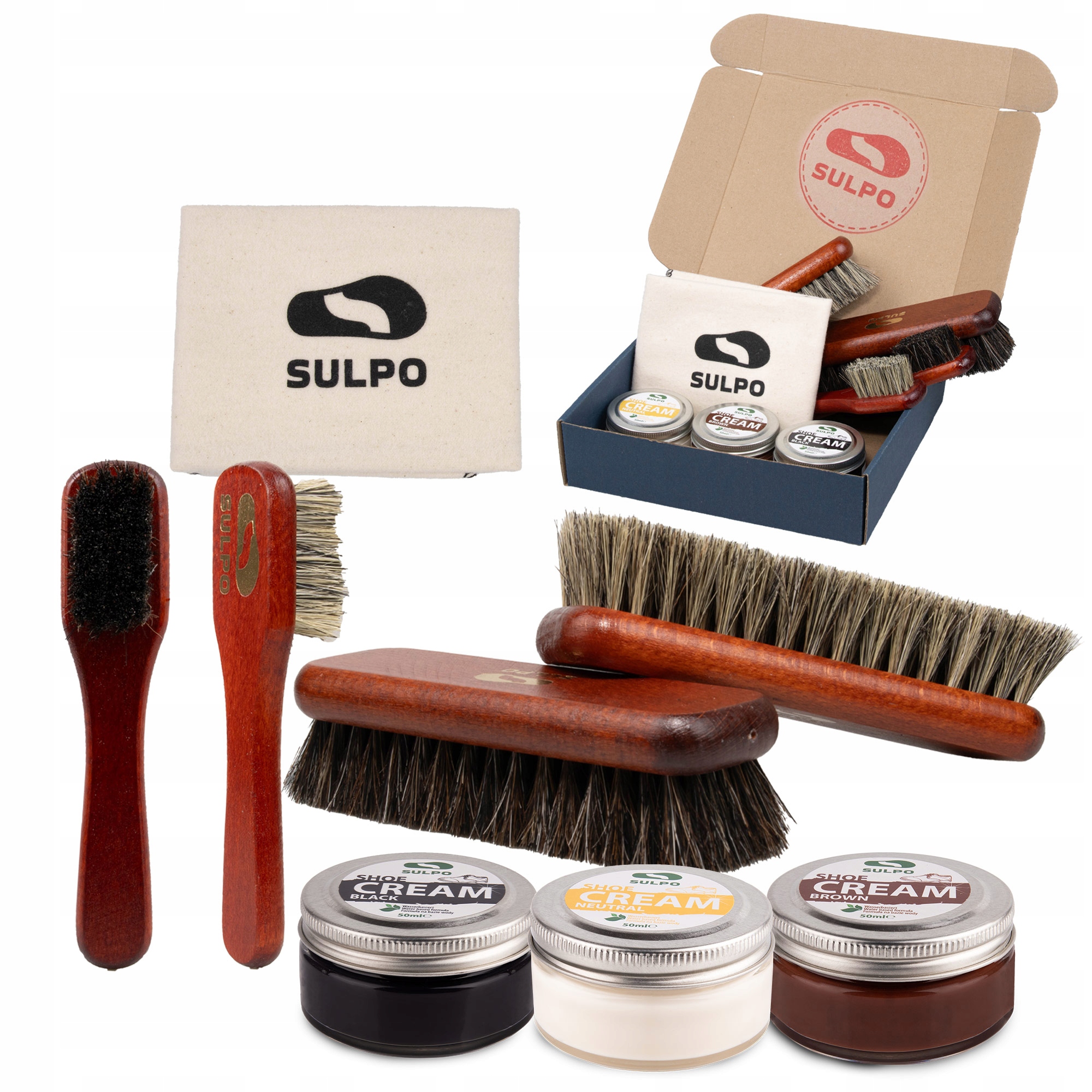 SZCZOTKI DO BUTÓW SKÓRZANYCH WŁOSIE KOŃSKIE ŚCIERECZKA DO POLEROWANIA PASTY