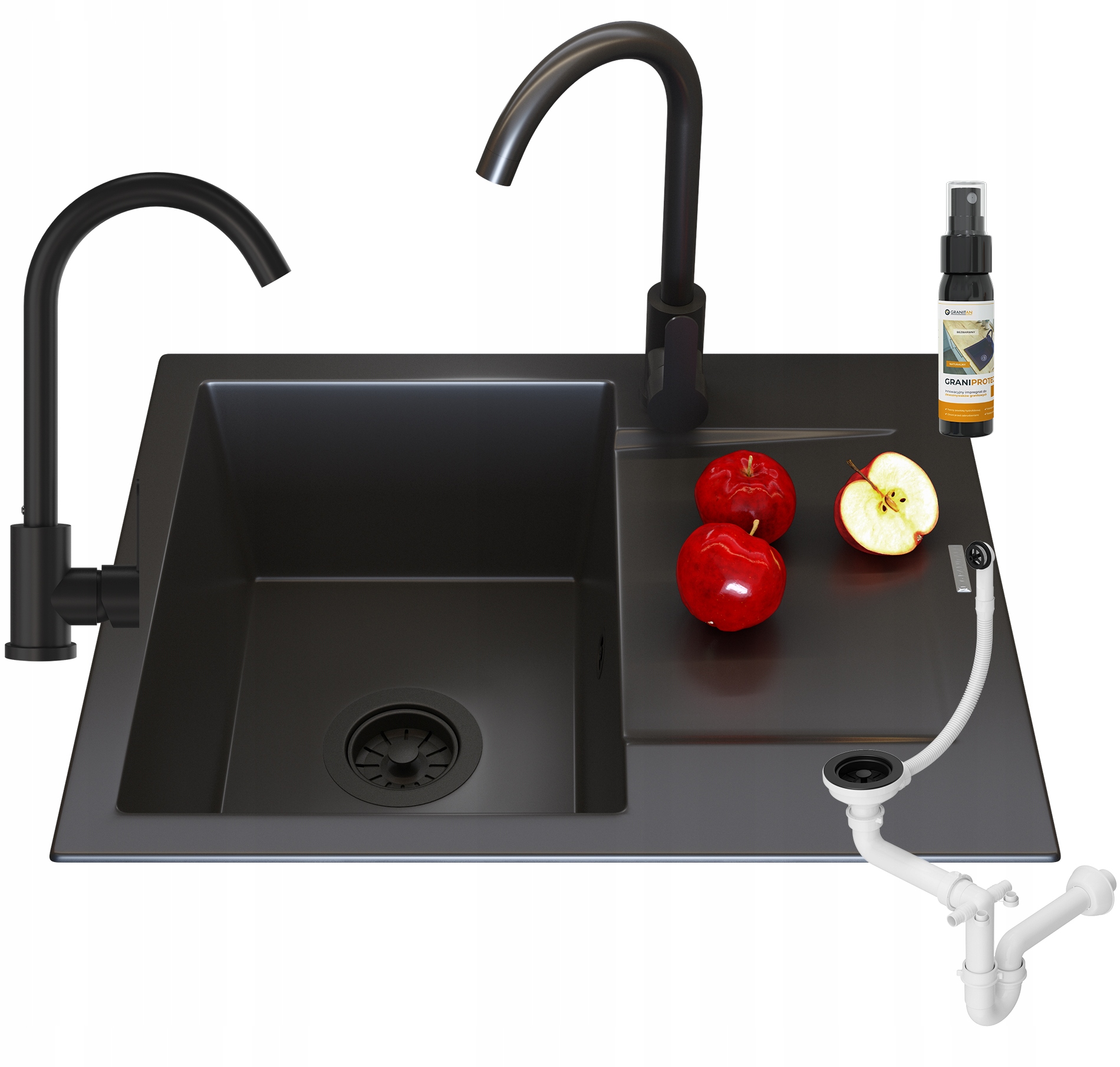Černý Granitový Kuchyňský Dřez, Kuchyňský Sifon, Top Sada