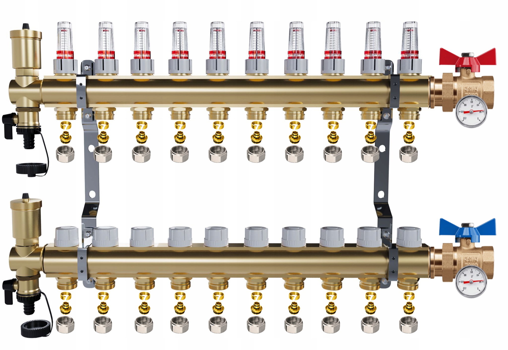 Rozdělovač Pro Podlahovku 10 Okruhů Jednoduchý Kulový Ventil Teploměr Pex