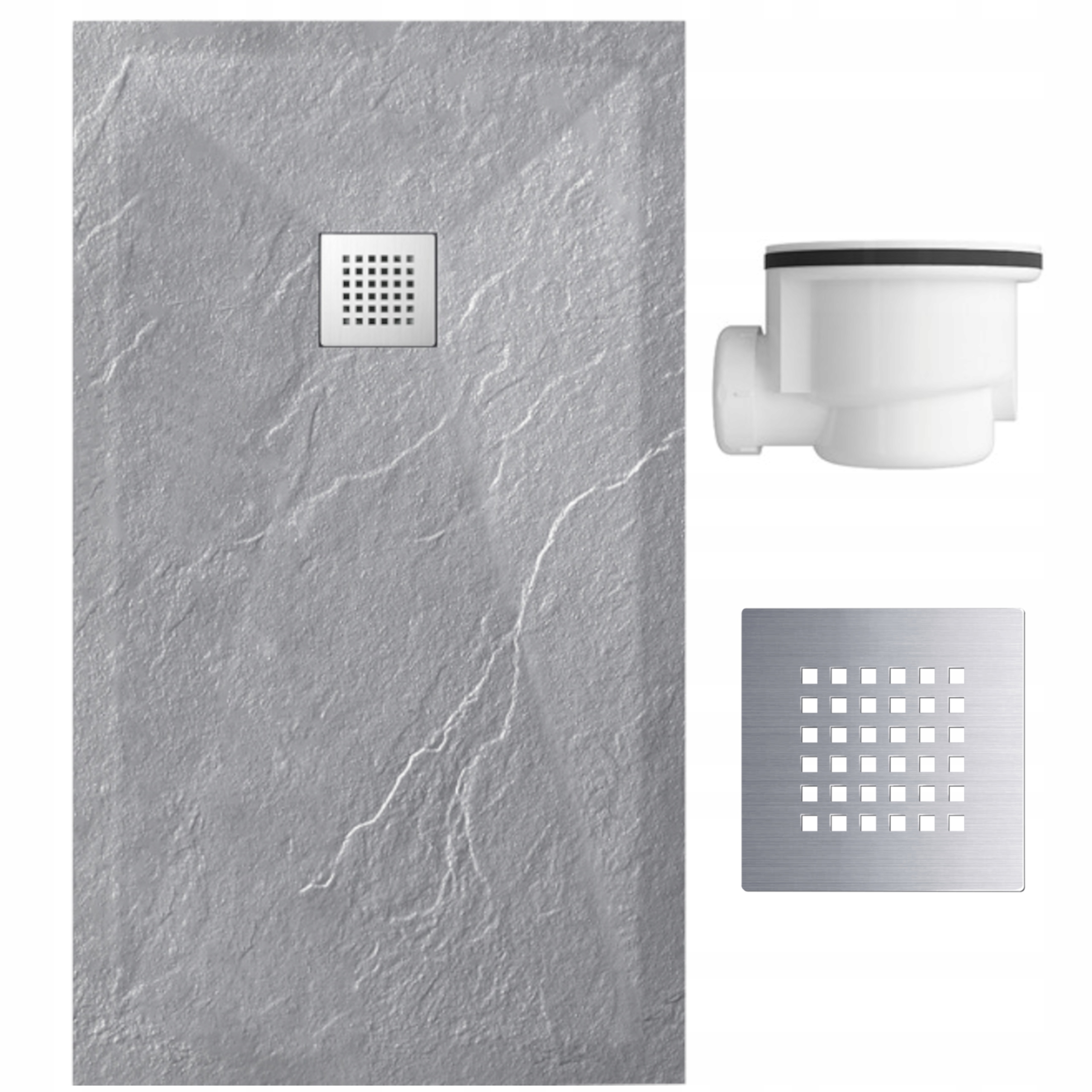 Brodzik Niski Jasnoszary Z Kompozytu 140x80 CM Zestaw Maskownica Inox Syfon