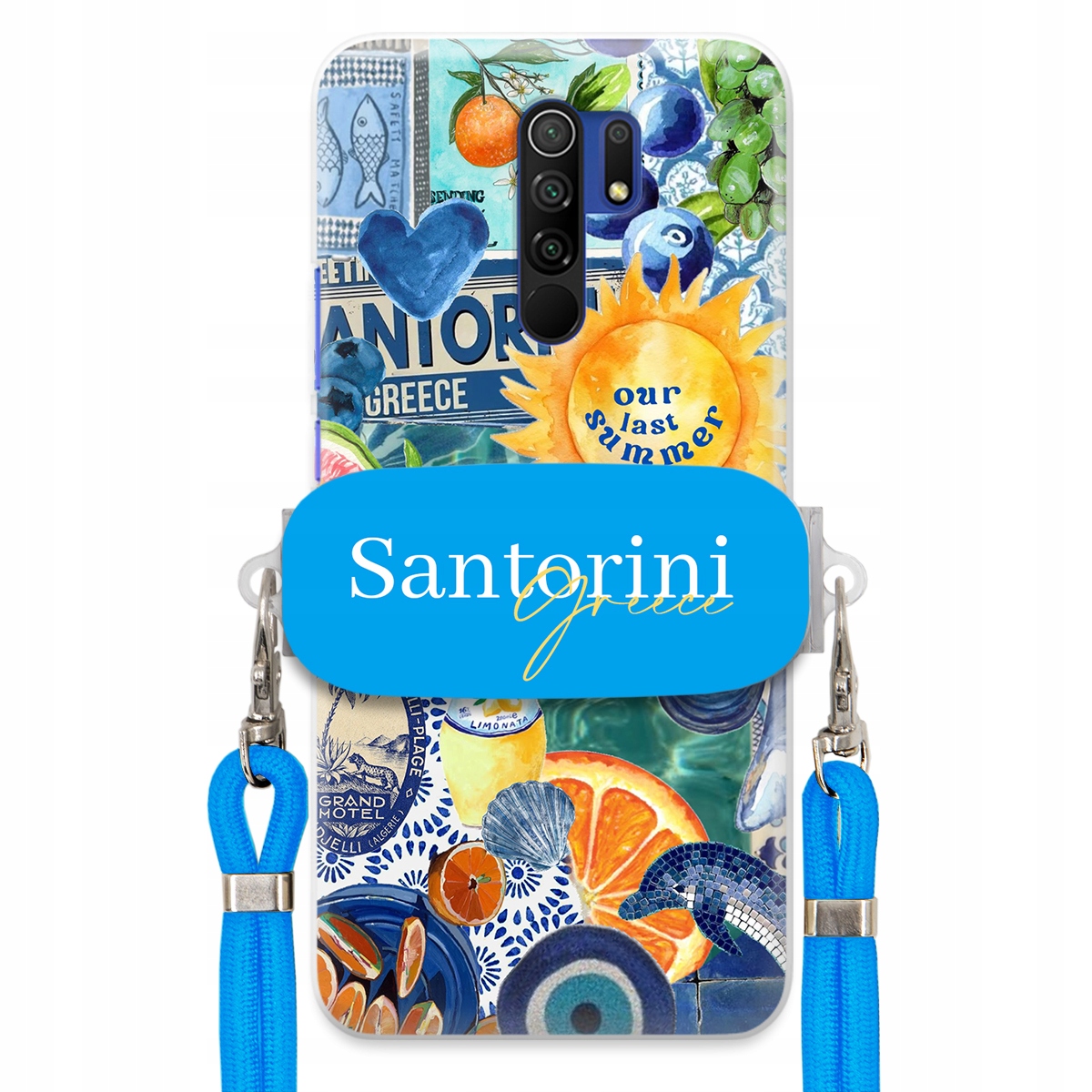 Pouzdro pro Xiaomi Redmi 9 Modré Crossbody vodítko držák Santorini Greece