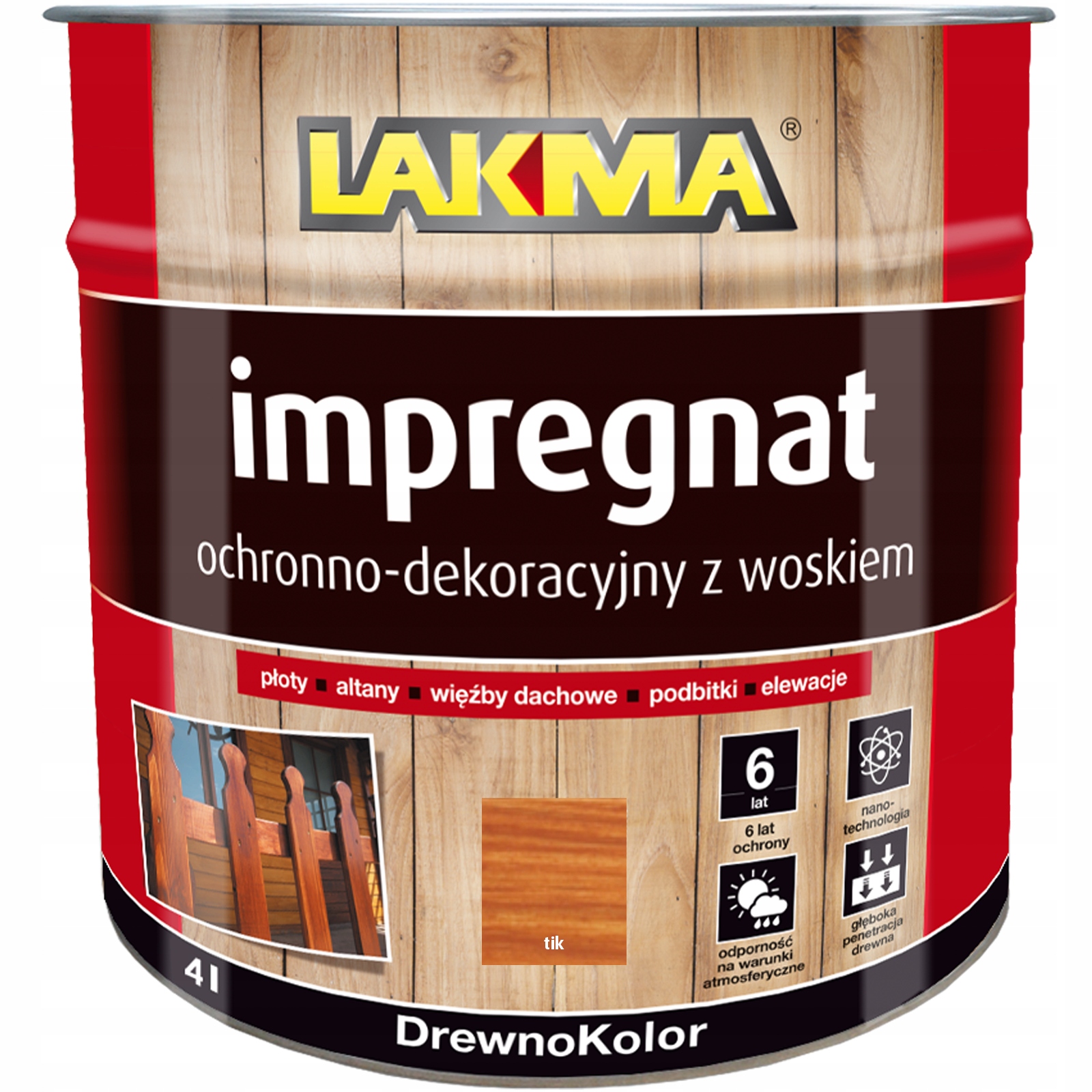 Lakma Impregnat Ochronno-dekoracyjny z Woskiem do Drewna Płotu Tik 4L