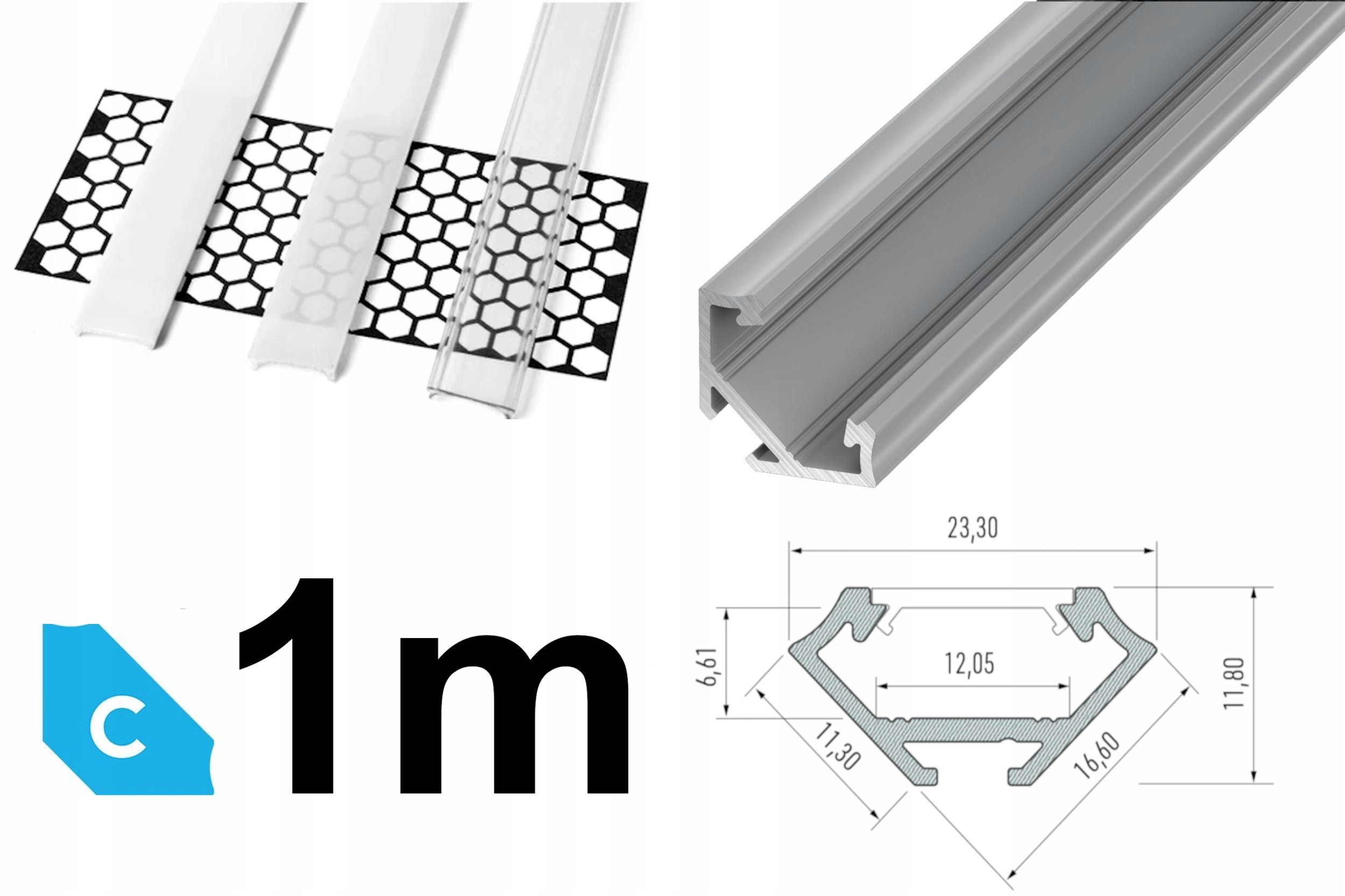 

Profil Led narożny kątowy 45° C 1m Srebrny Klosz