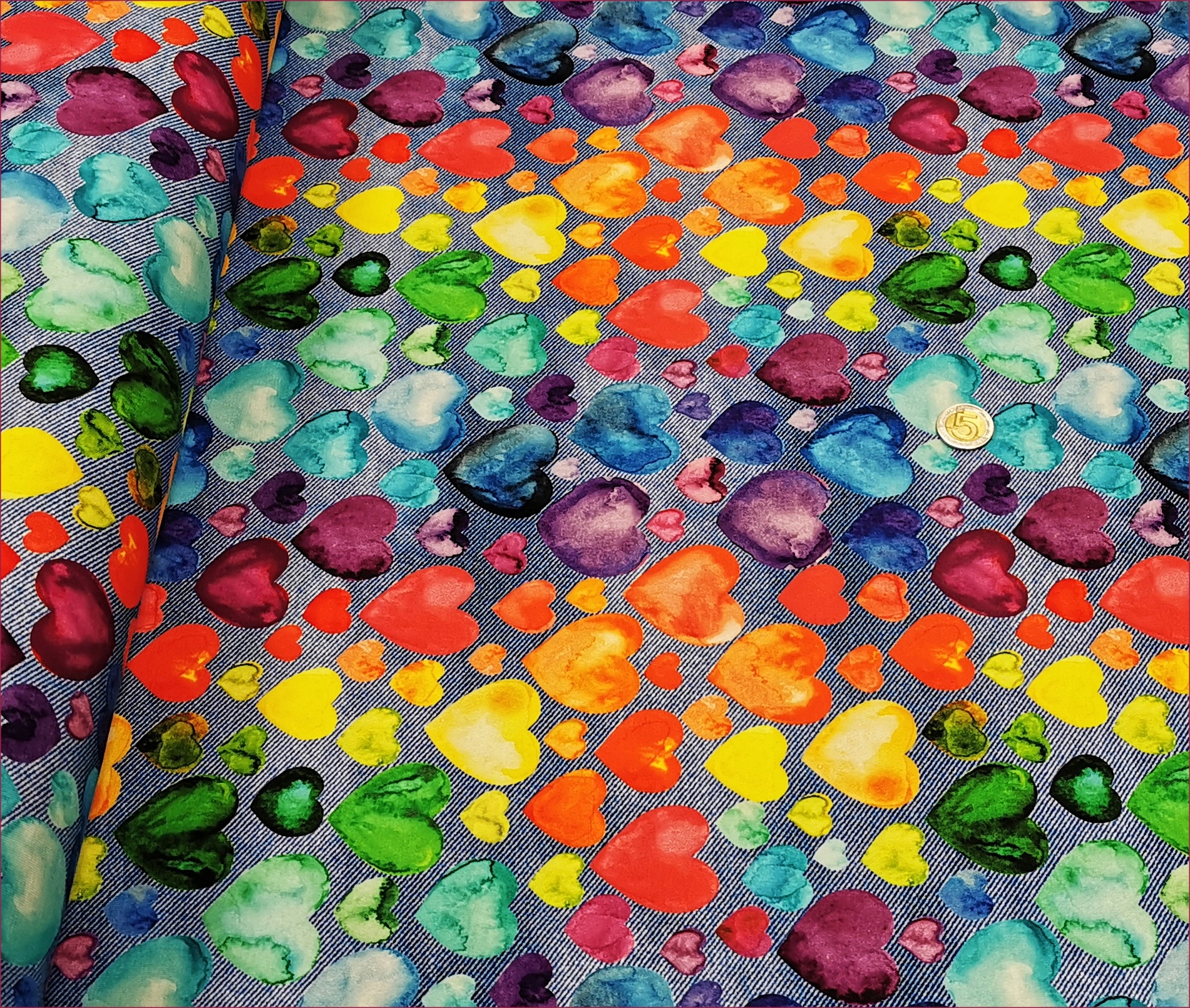 Dzianina dres. Serca Tęczowe Na Jeans -cyfra -fq