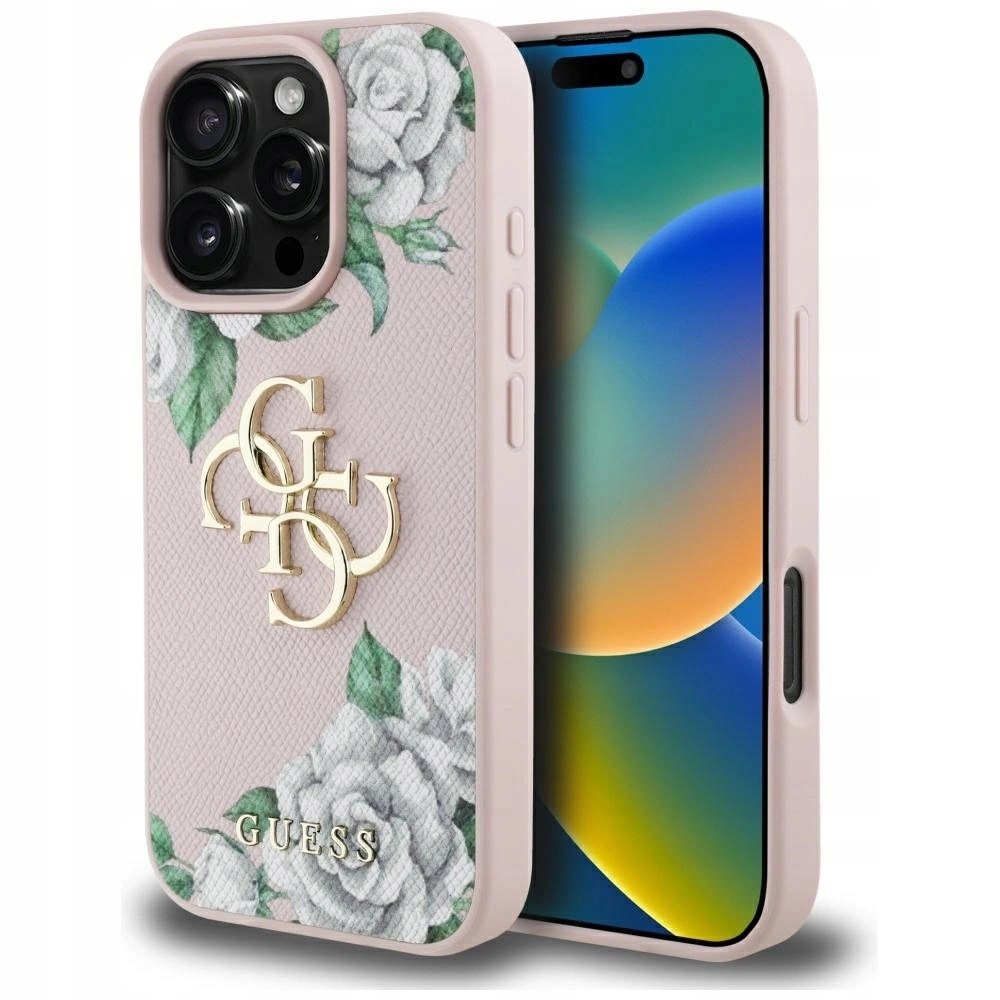 Pouzdro Guess Grained Roses Big 4G s logem na iPhone 16 Pro růžové
