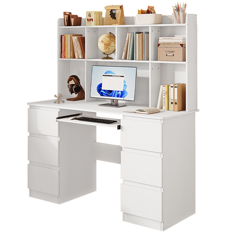 Moderný Písací Stôl S Nadstavcom, Biely, 6 Zásuviek, Police, Polička Do Kancelárie, Pracovnej Izby