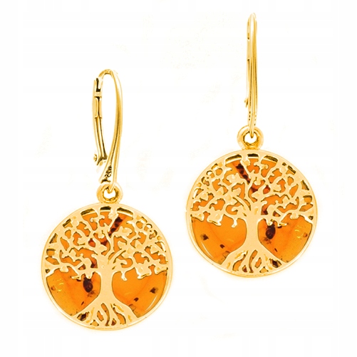 Zlaté náušnice Strom Štěstí s jantarem Stříbro, pozlacené Anglickým Bižuterií