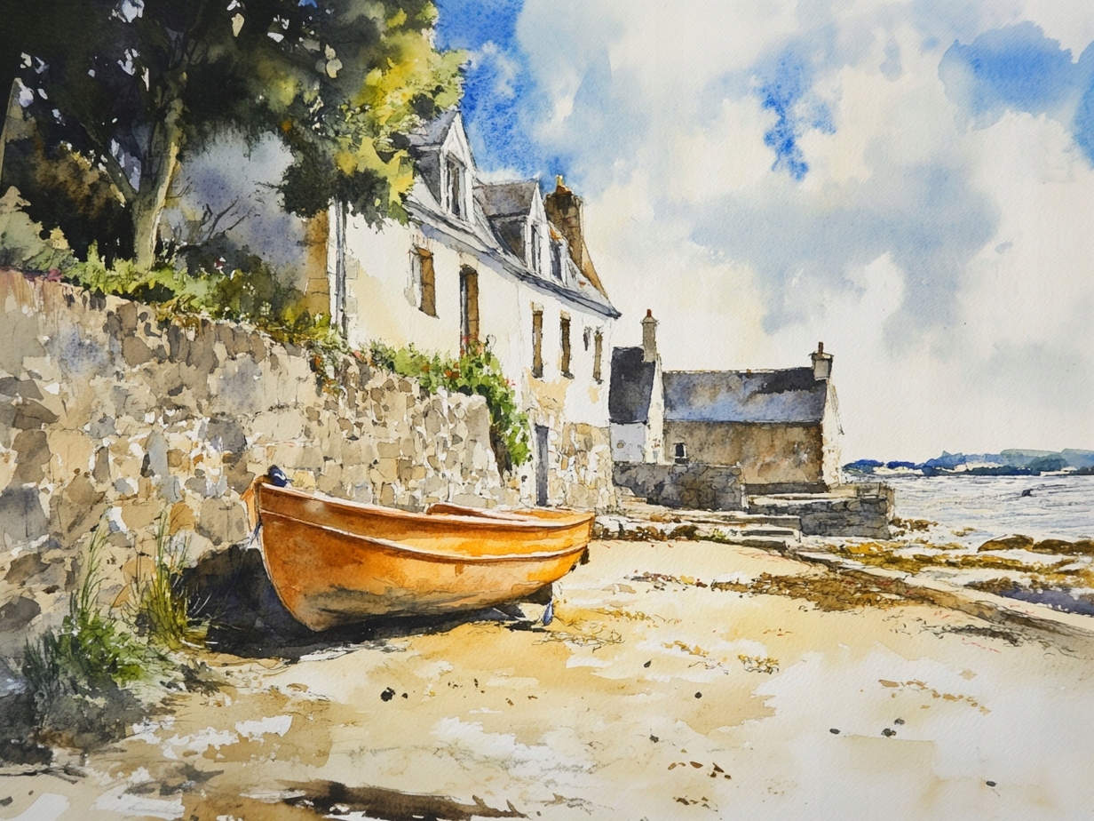 Obraz Na Plátně Canvas Akvarel Krajina Moře Loď Pláž Dům POBŘEŽÍ100x75