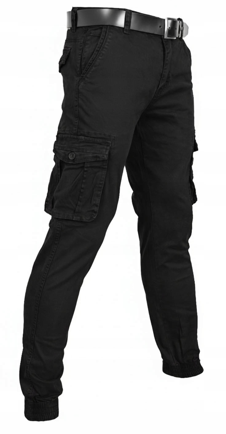 Spodnie Męskie Bojówki Joggery Czarne Robocze Cargo Kieszenie Mocne W33 L32