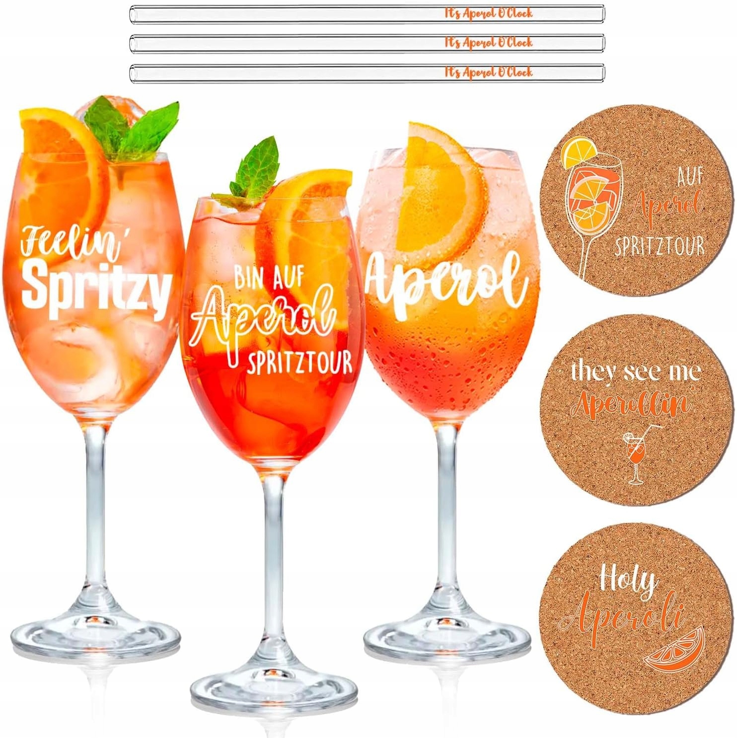 Sada 3 Sklenic Aperol Spritz Premium Skleněné Brčka Korkové Podložky