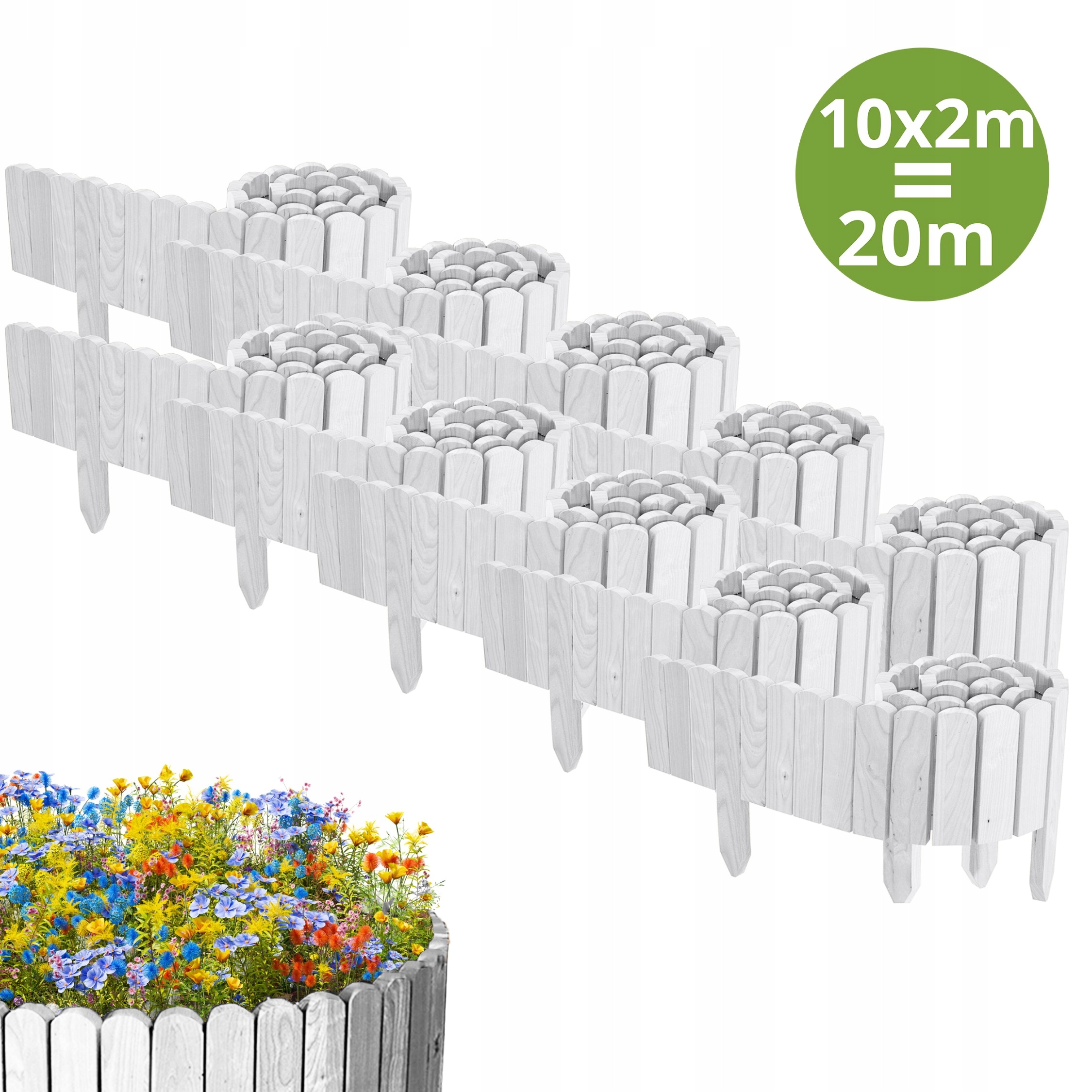 Zahradní plot dřevěný, borovicový, palisáda 20 m (10 x 200 cm) výška 10 cm, bílý