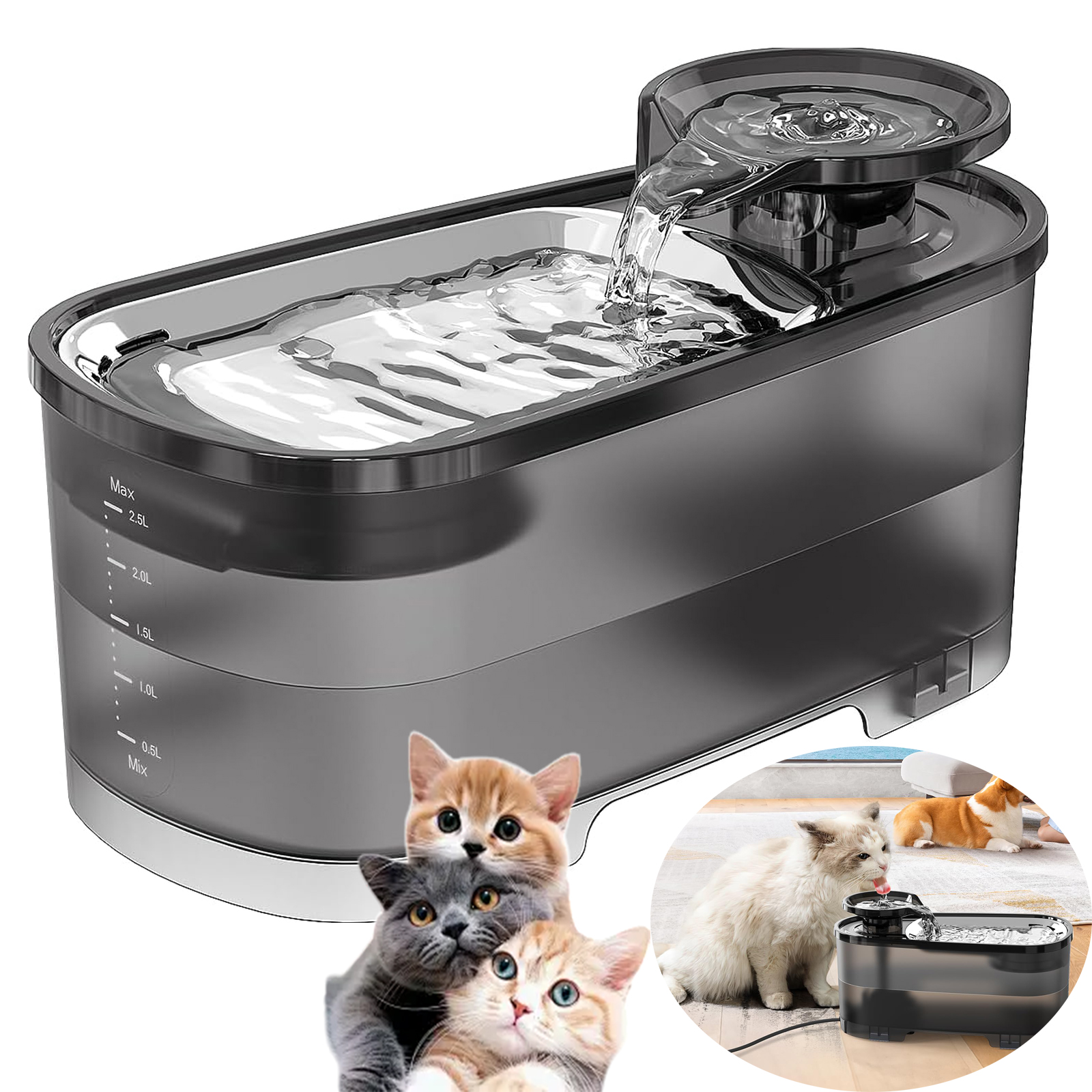 Levně Fontána Pro Kočky Tichá 2500 ML S Uhlíkovým Filtrem, Hvězdně Šedá