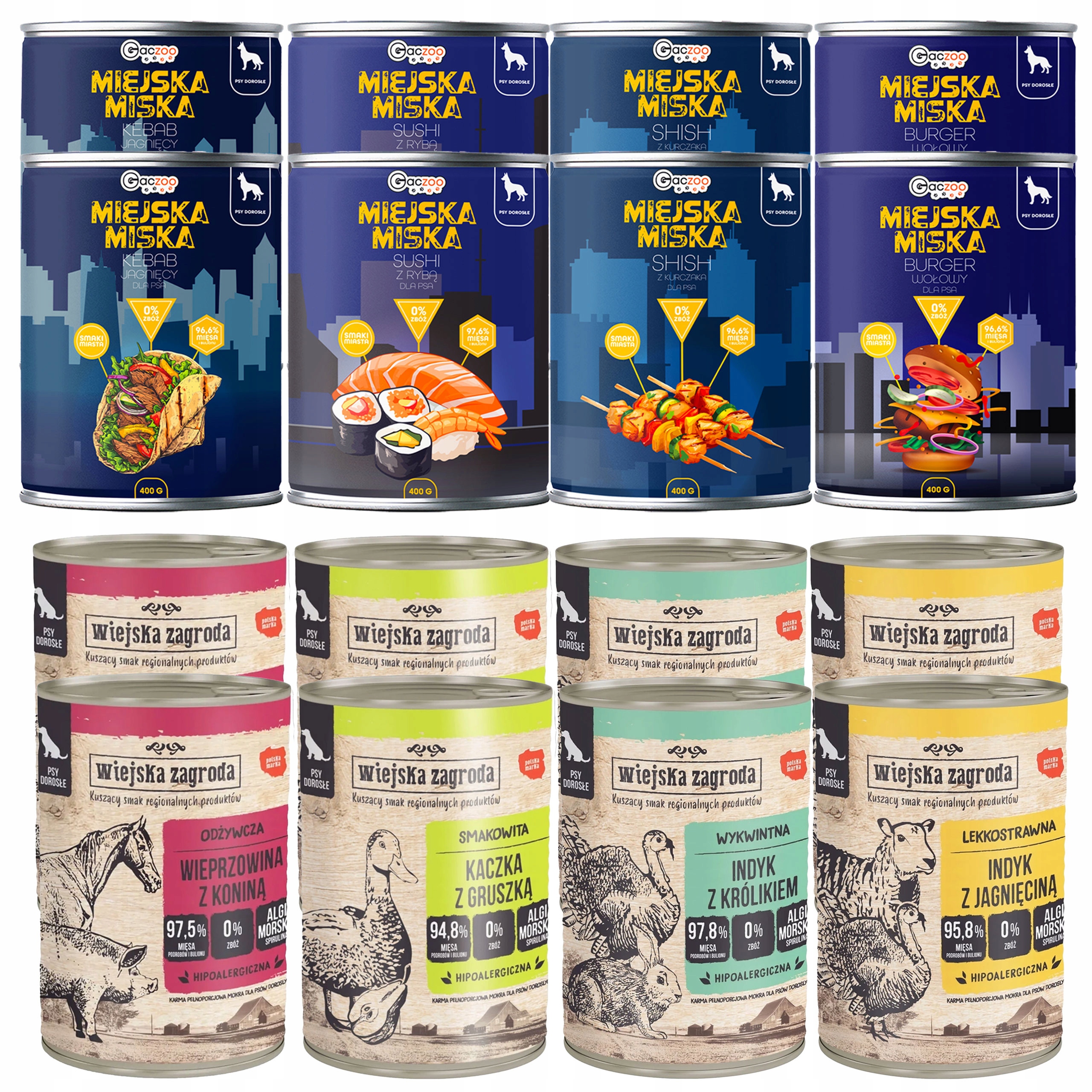 Levně Wiejska Zagroda Městská miska Gaczoo Krmivo pro mokré psy mix chutí 16 x 400 g