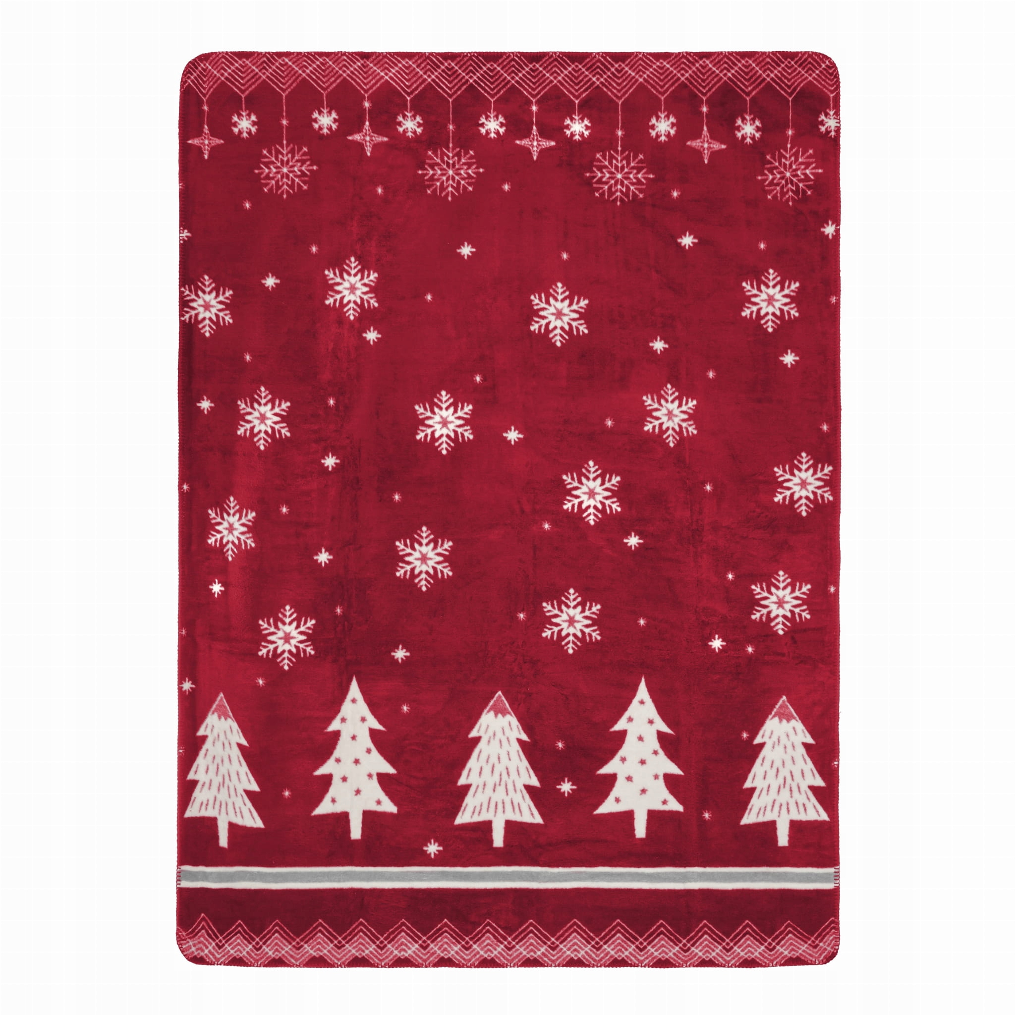 Vánoční deka s přehozem Tree 150x200 červená s vánočními stromky a sněhové vločky