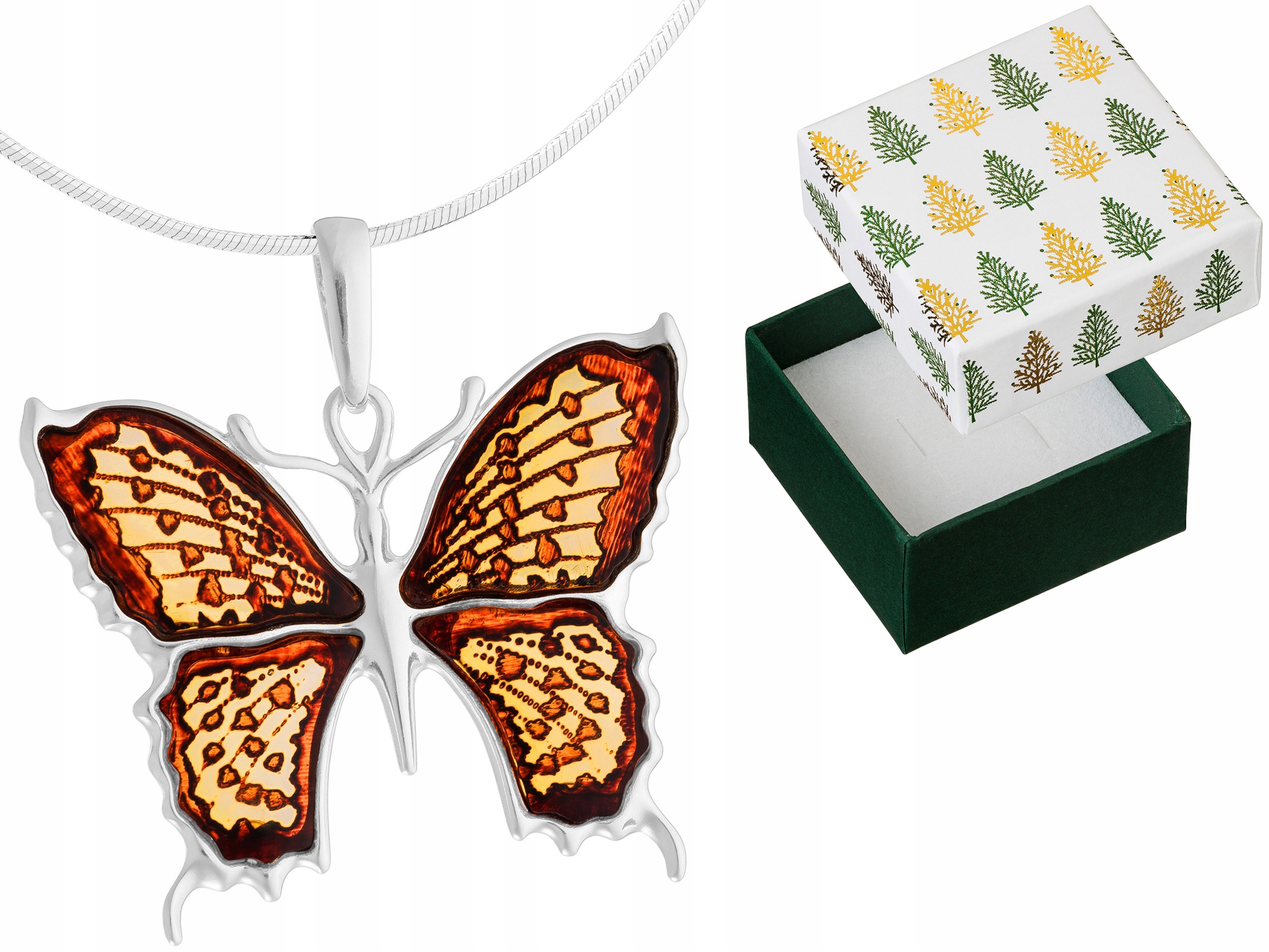 Stříbrný náhrdelník Motýl Přívěsek Jantarem Přívěsek Motýlek Řetízek 55