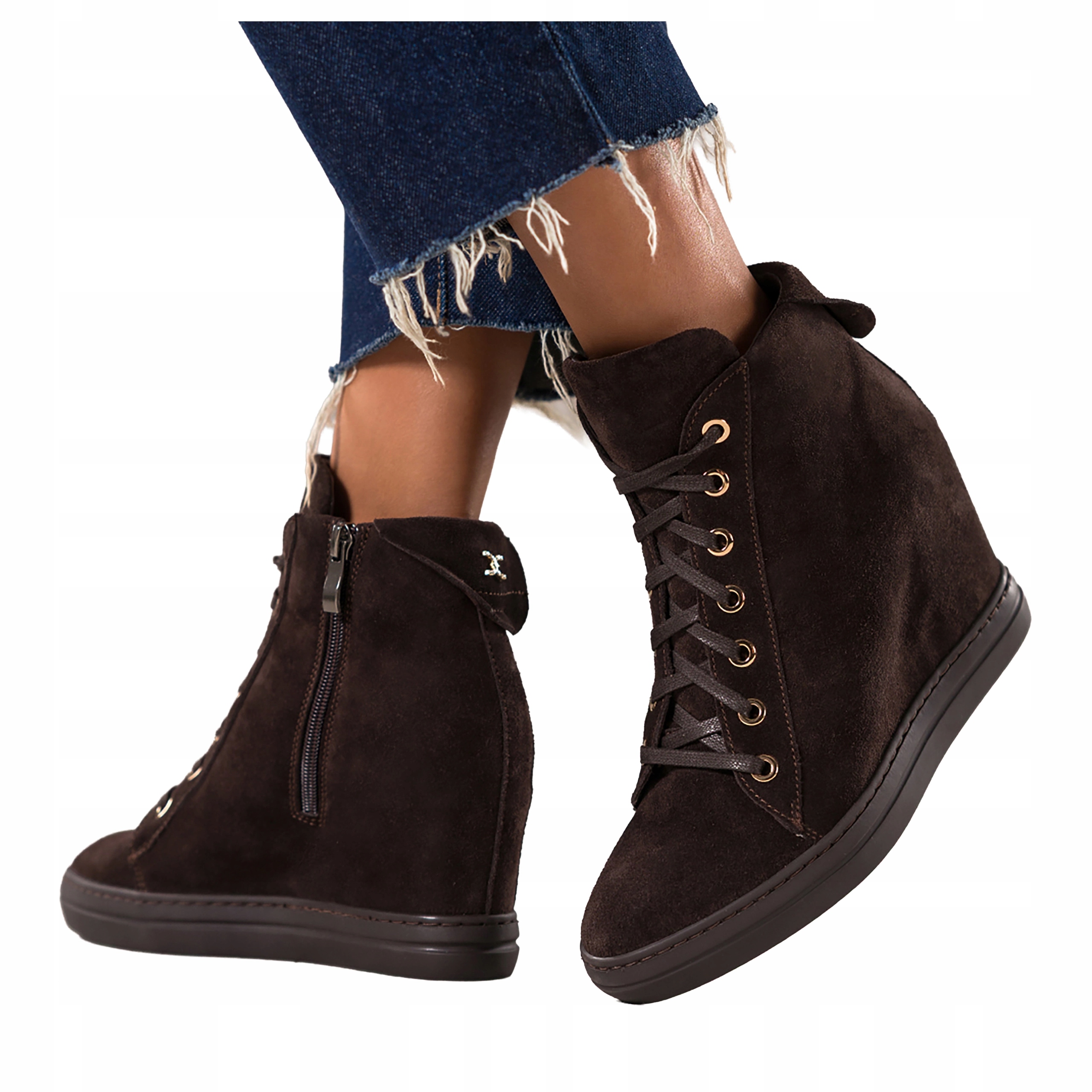 Kotníkové Boty Čokoládové Dámské Kožené Tenisky Skrytý Koturn Šněrované vel. 38