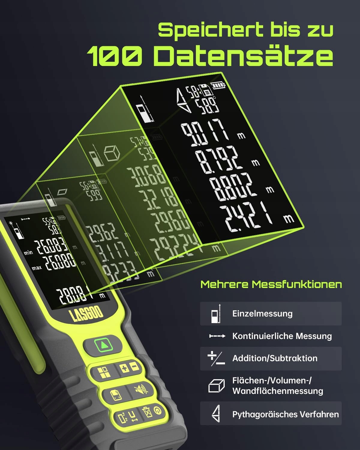LASGOO Dalmierz Laserowy 100m z LCD i Czujnikiem Kąta — miniatura 4