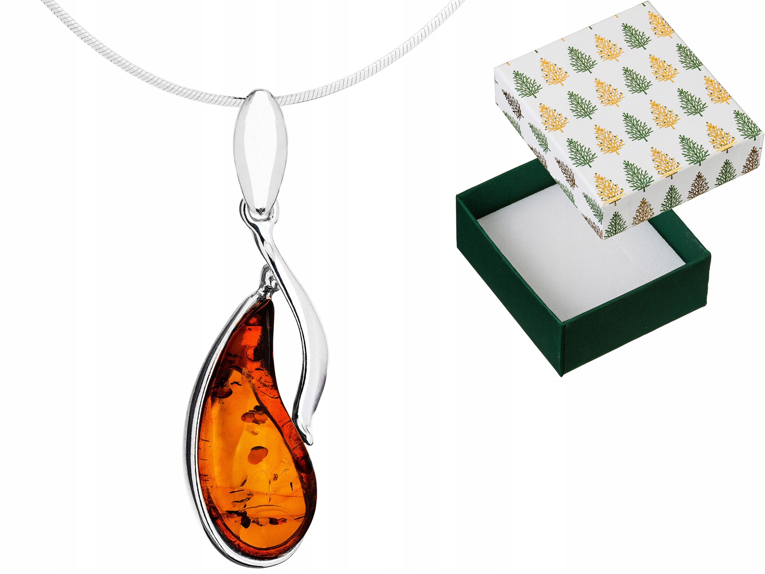 Stříbrný náhrdelník Kapka Přívěsek s jantarem Lžička Přívěsek Řetízek 42