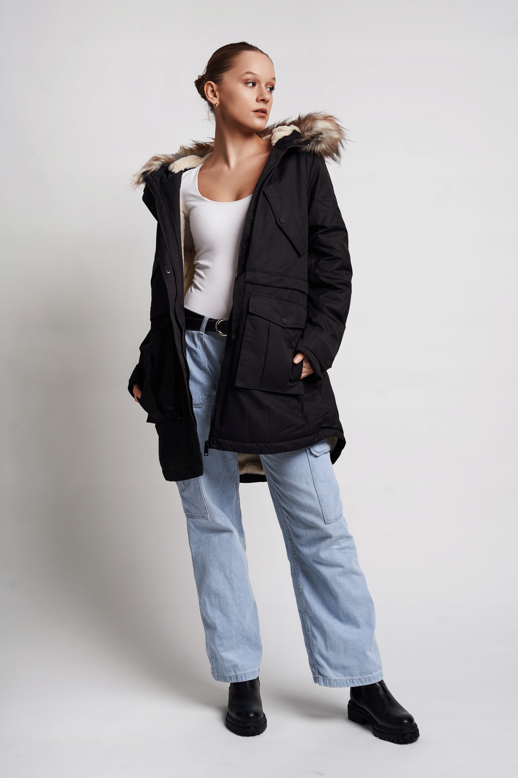 CZARNA OCIEPLANA KURTKA PARKA KAPTUR FUTERKO MIŚ 4PH MLF__L / 40 Rodzaj inny