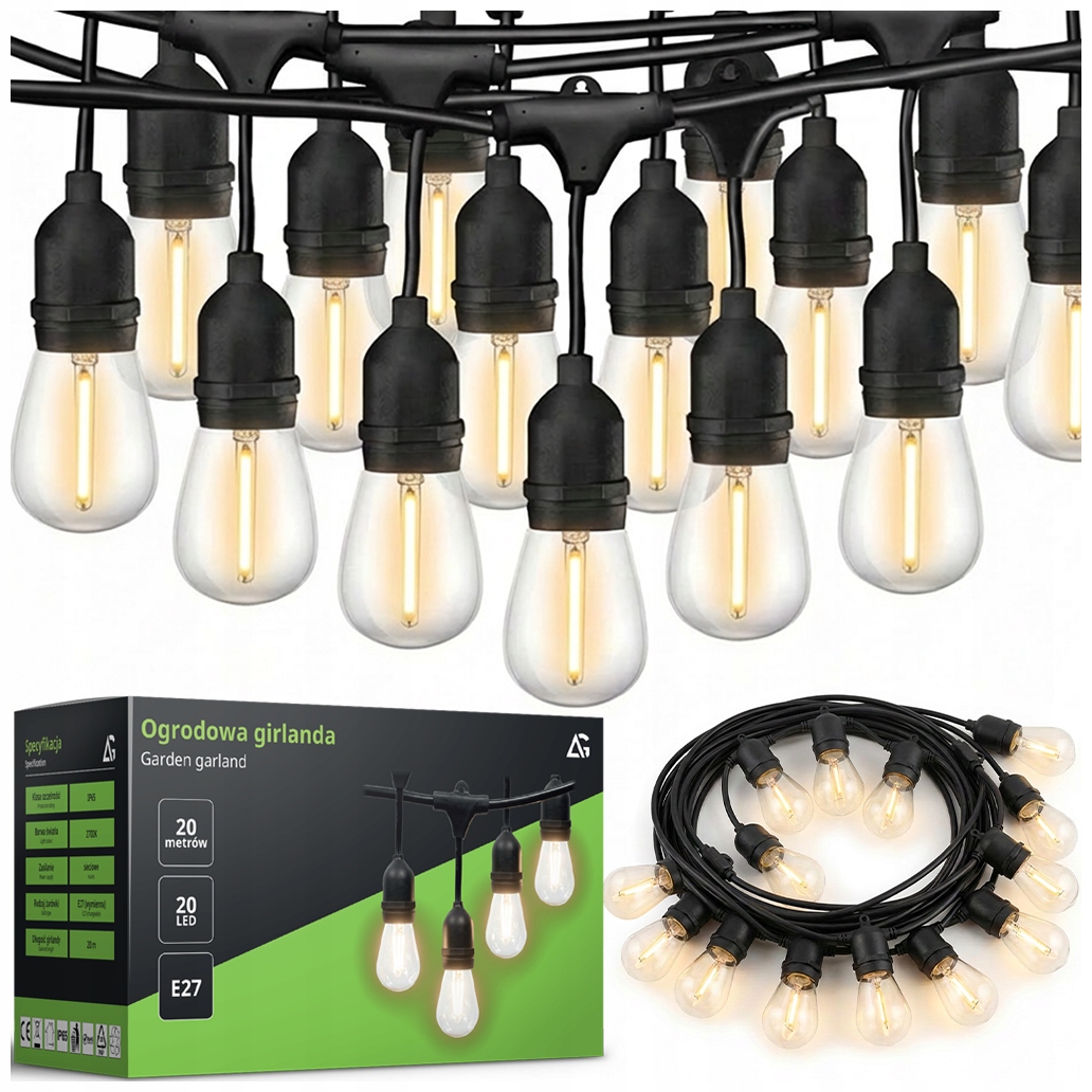 Lauko šviesos girlianda 20M 20X LED lemputė E27 + laidas vandeniui atspari