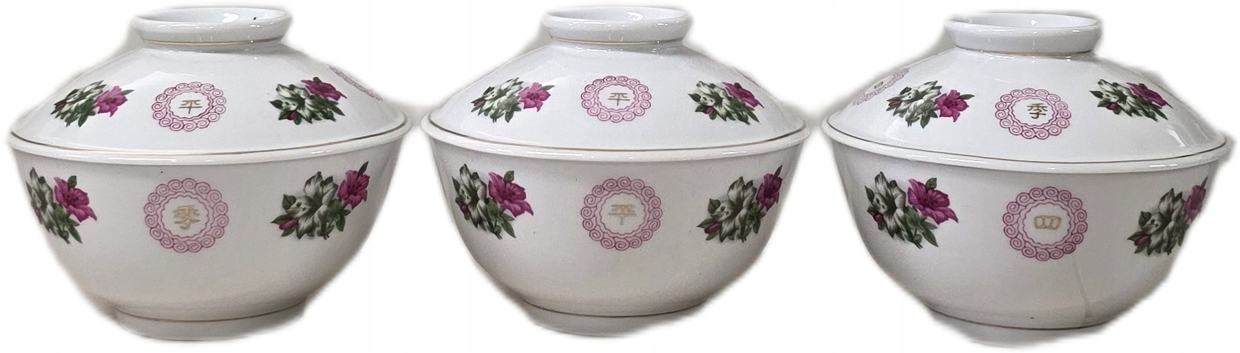 KOMPLET 3 PORCELANOWYCH CHIŃSKICH MISECZEK Z POKRYWKĄ