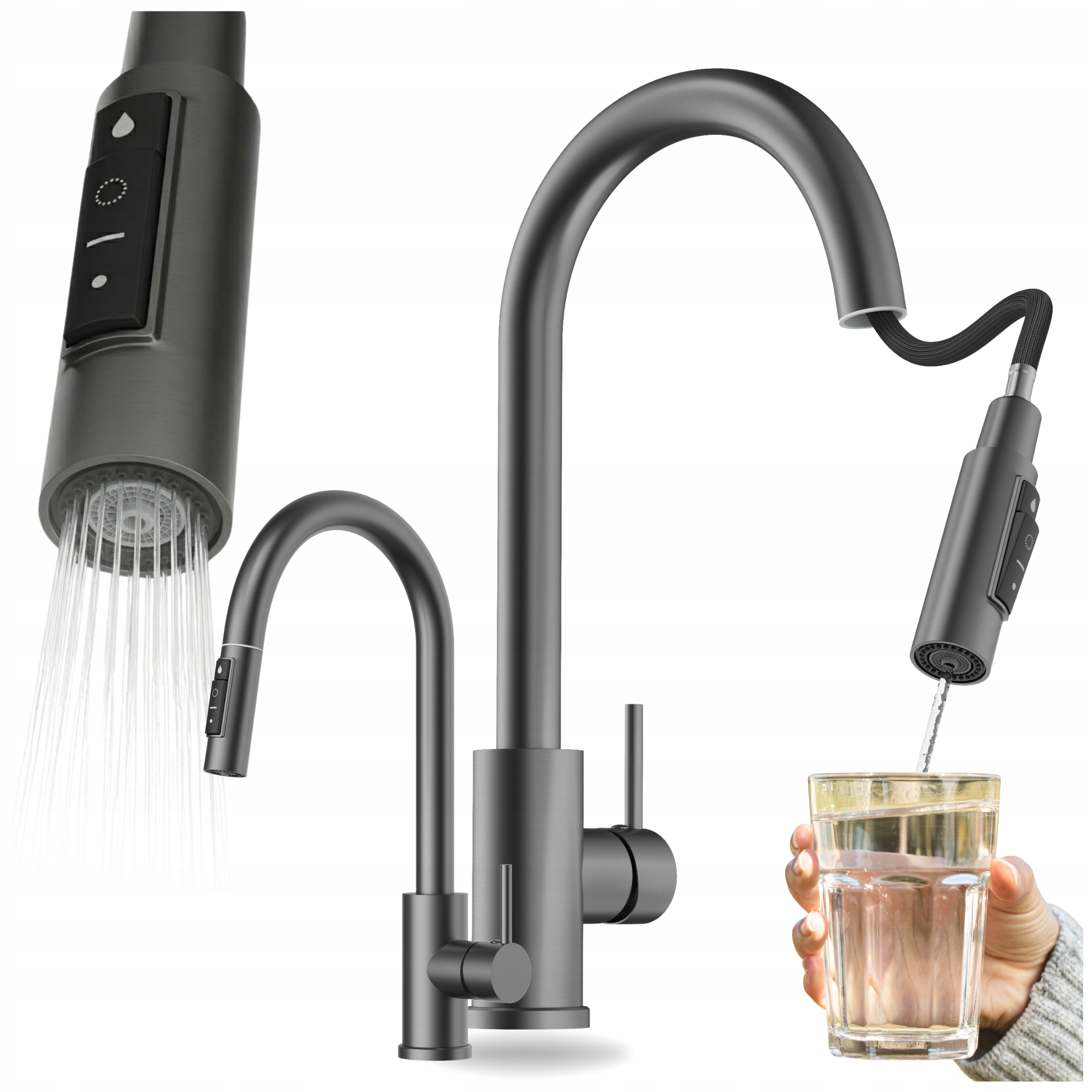 Bateria Kuchenna Trójdrożna Z Wyciąganą Wylewką Do Filtra Loseto Gungrey