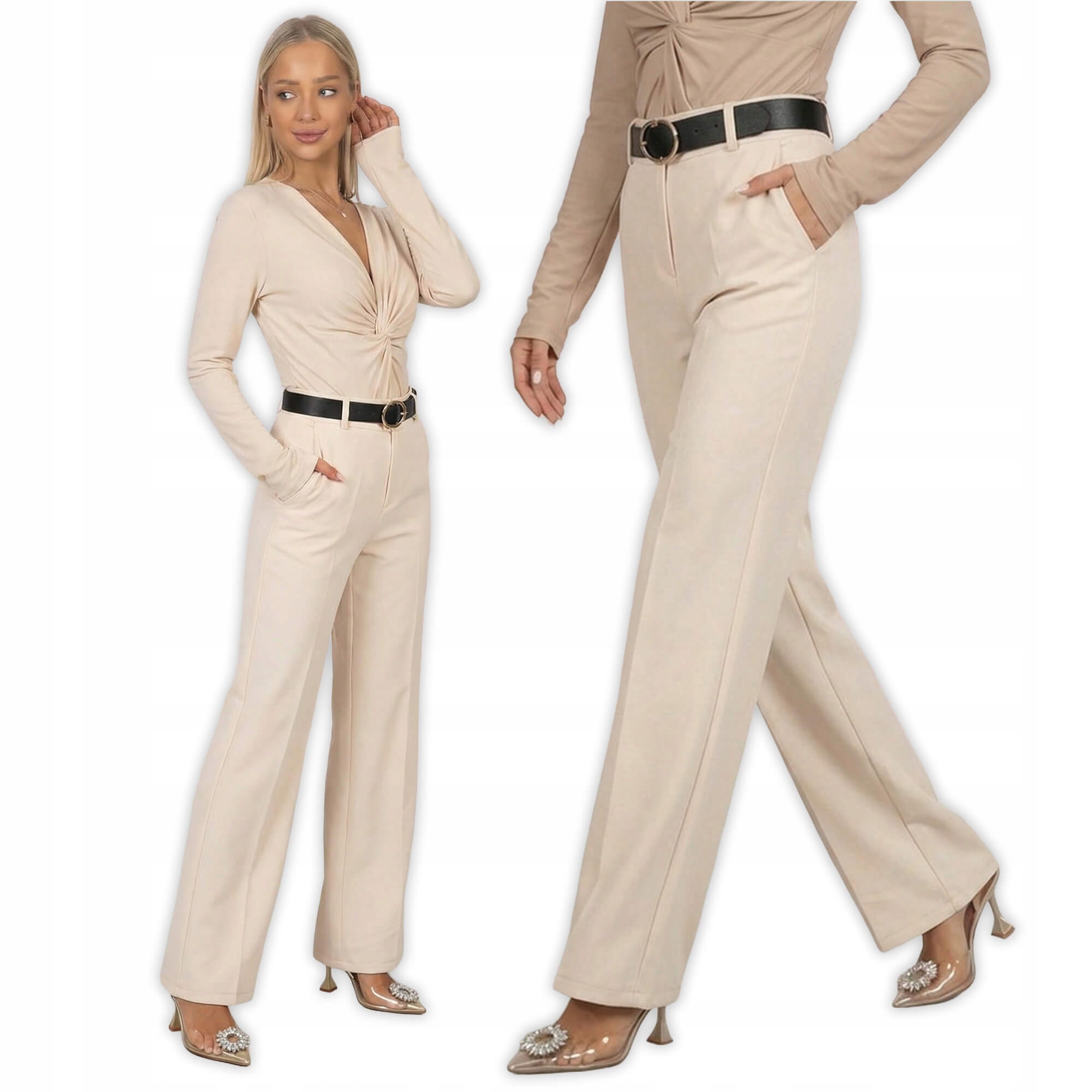 spodnie z szeroką nogawką w kant J.Beżowe M