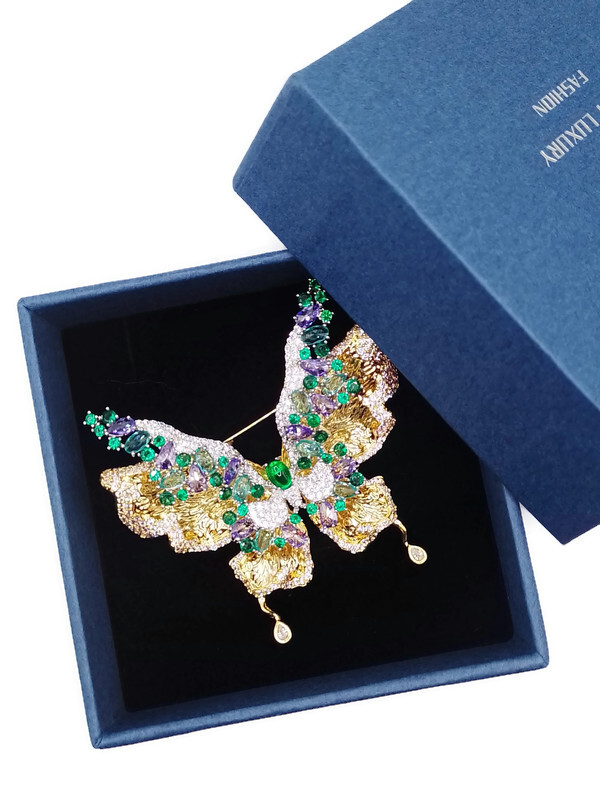 Luxusní Brož Motýl Zelená Fialová Zlatá 14K Gp Rod Krabička Na Dárek