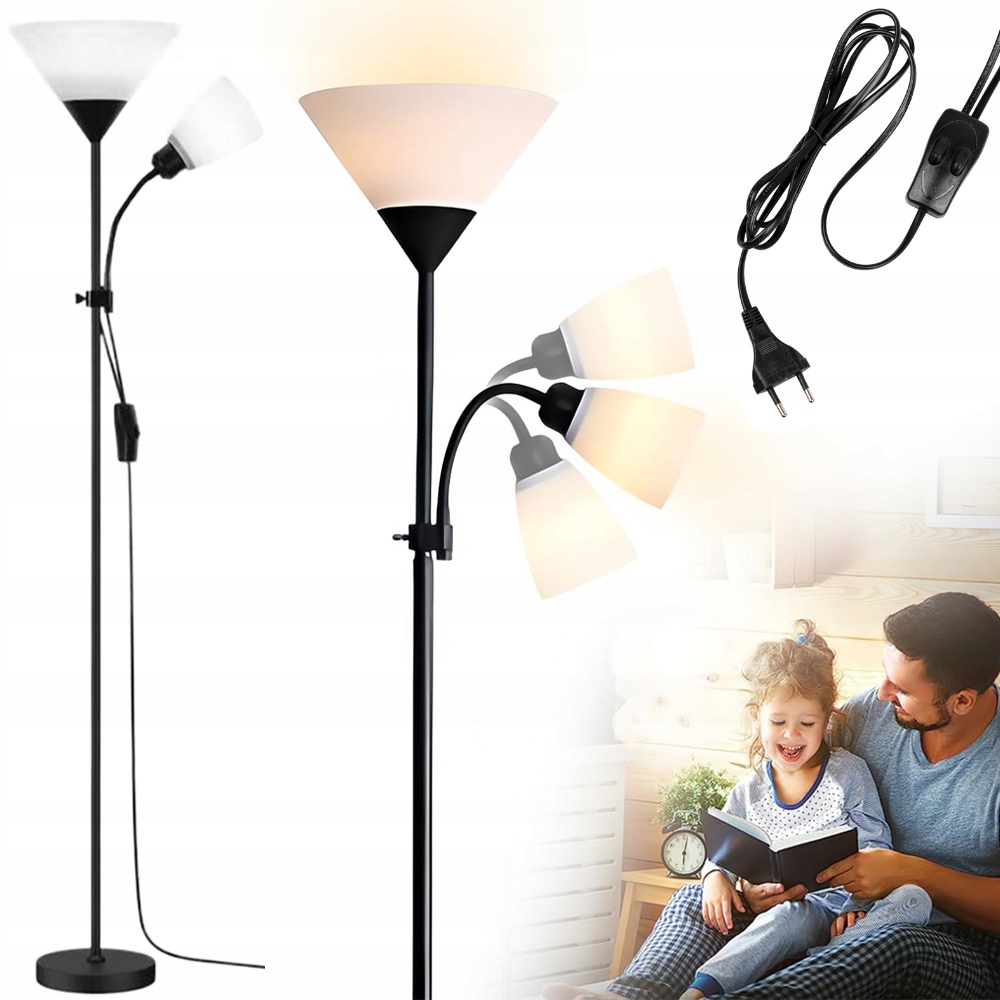 Stojací lampa Podlahová Led Lampička na čtení 2x E27 Regulovatelný spínač