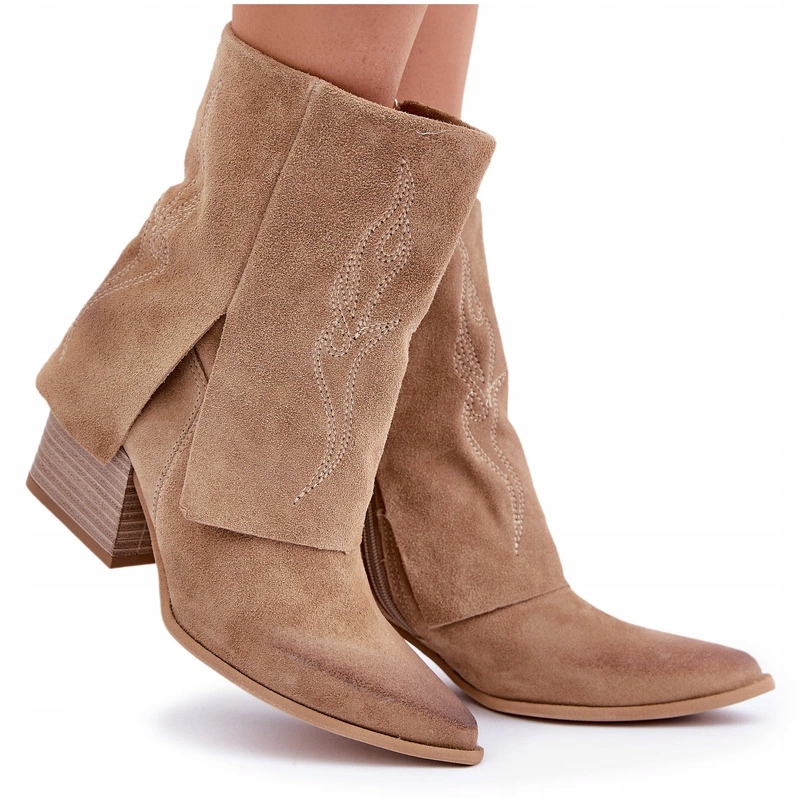 Kozačky Kovbojské Boty Na Podpatku Semišové Vyhrnutý Svršek Zazoo 3488 Béžové 40