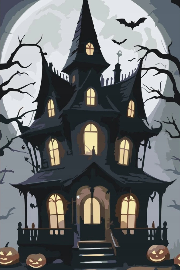 Diamantová výšivka Halloween Dům strachu Dýně Diamanty Čtvercové 40x60 cm