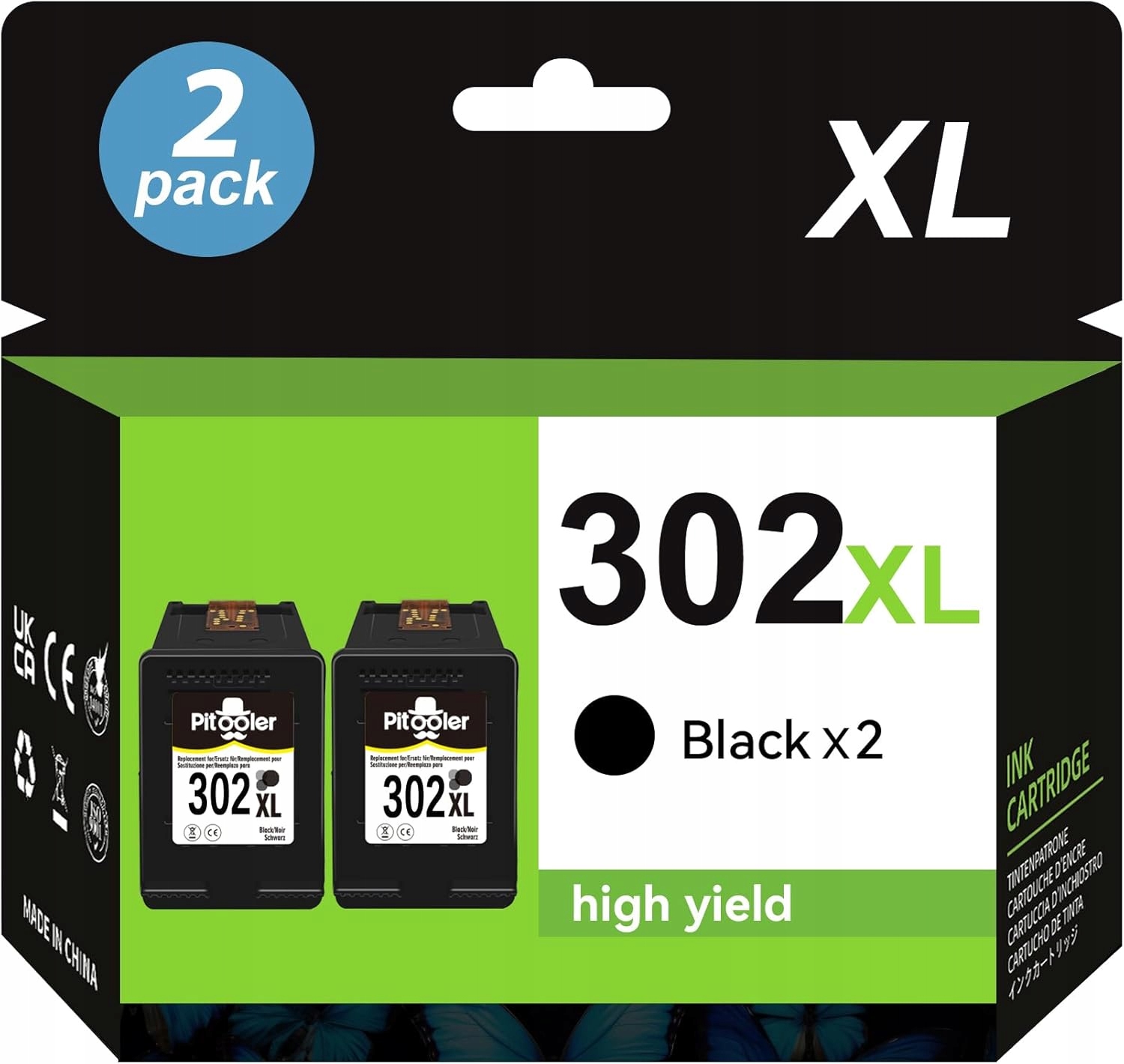 Sada dvou černých inkoustových náplní Pitooler 302 XL pro tiskárny Hp