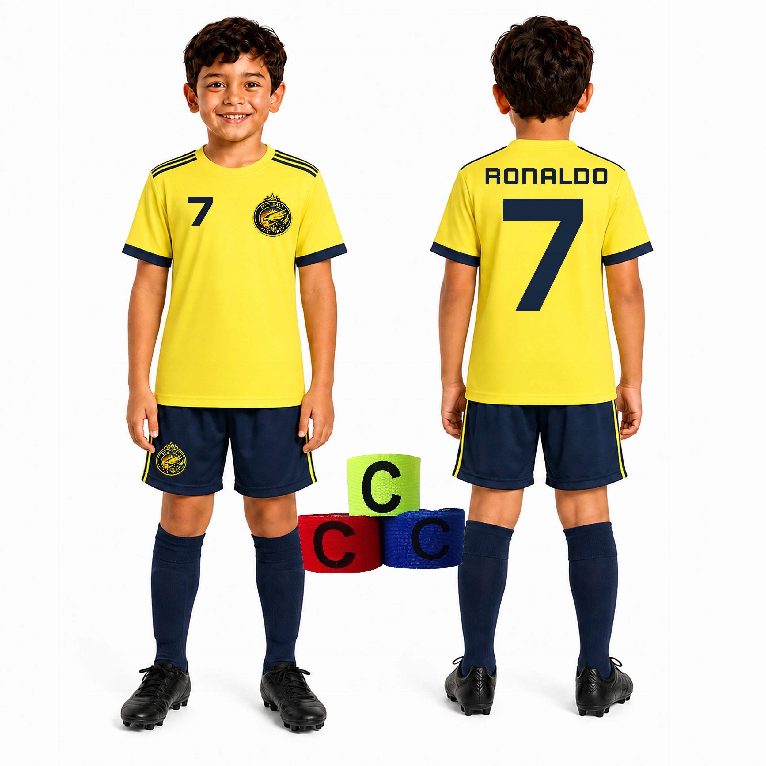 strój piłkarski dla dzieci z napisem Ronaldo getry opaska r 164
