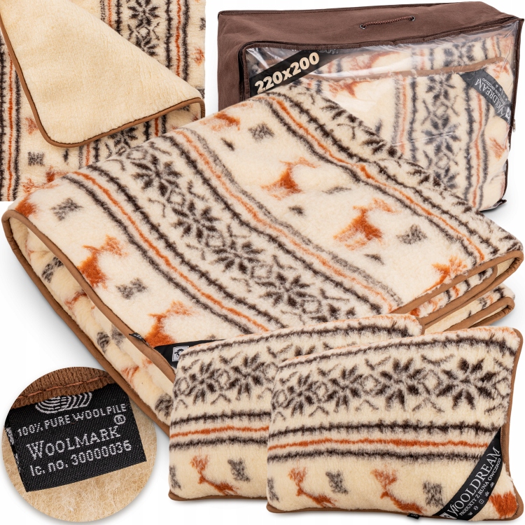 Posteľná Bielizeň 3-dielna Prikrývka Podušky 100 % Ovčia Vlna Merynos Lehká 220x200