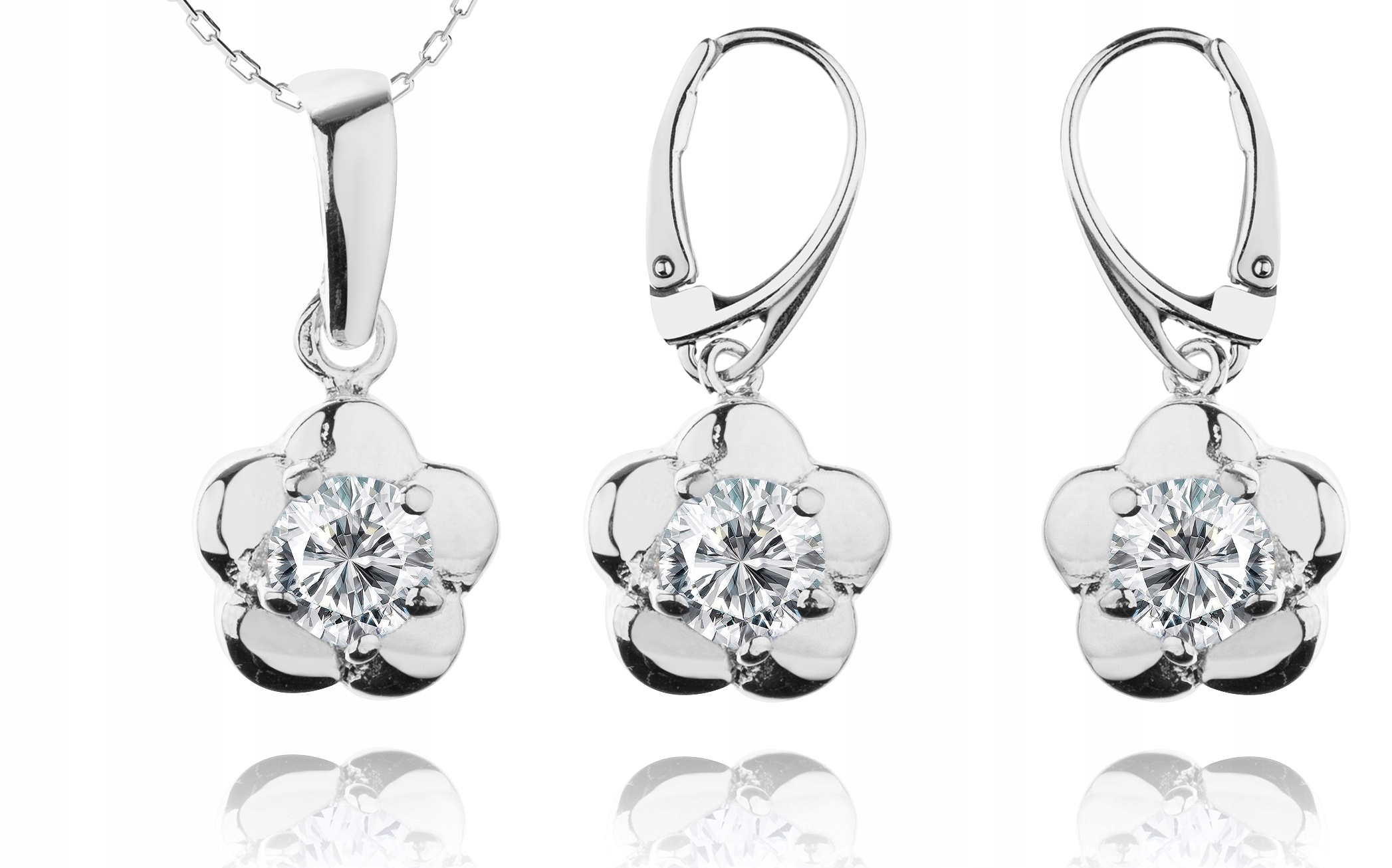 

Komplet Biżuterii Srebrne Kwiatki Z Cyrkoniami 925