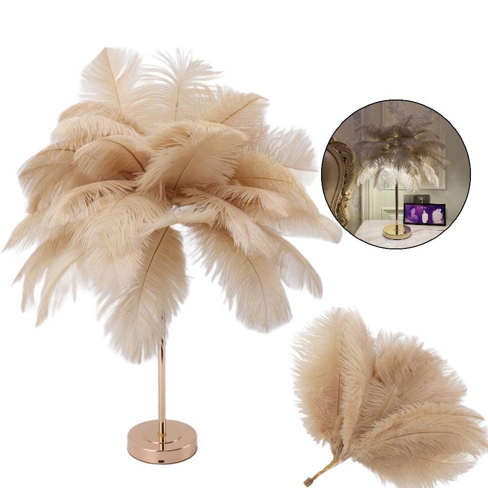 Elegantná Nočná Stolová Lampa S Tienidlom A Béžovým Perím, Stmievač Na Komodu