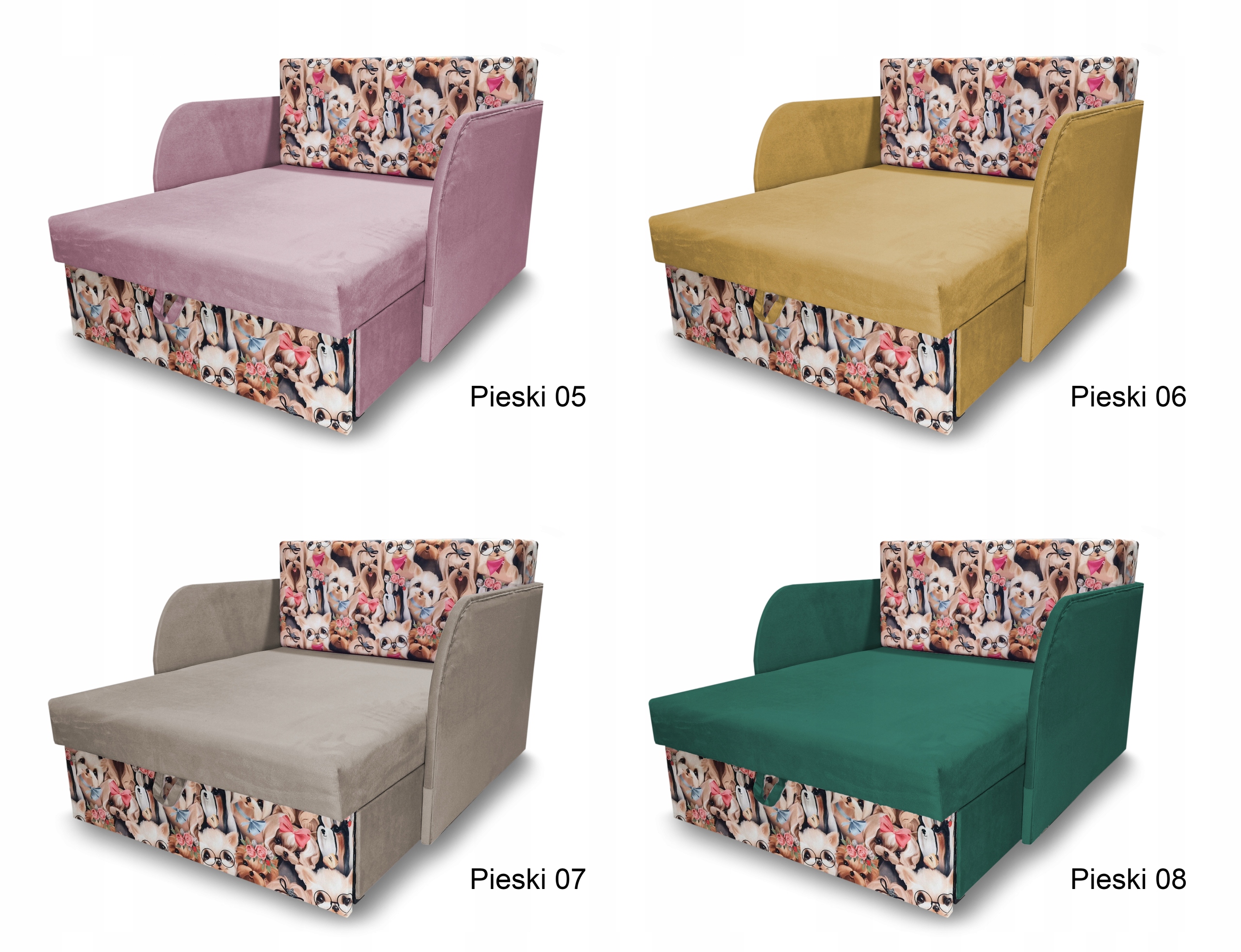 Rozkładany fotel dla dziecka, łóżko dziecięce, tkanina pieski, materac Materiał korpusu drewno