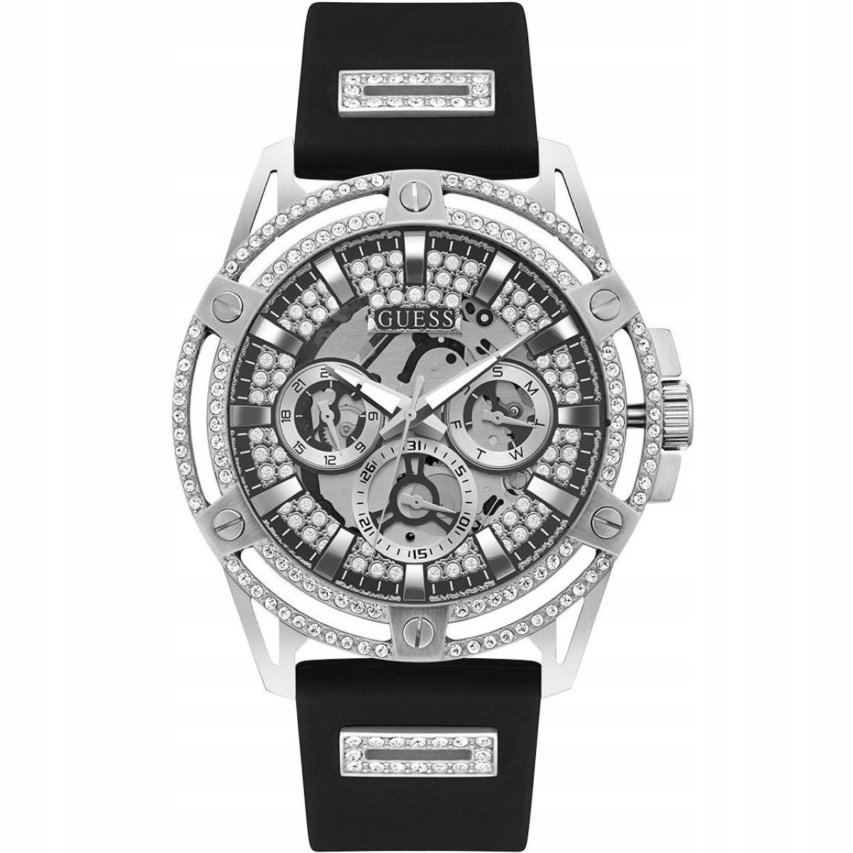 Guess King pánské hodinky s černým páskem, krystaly GW0537G1