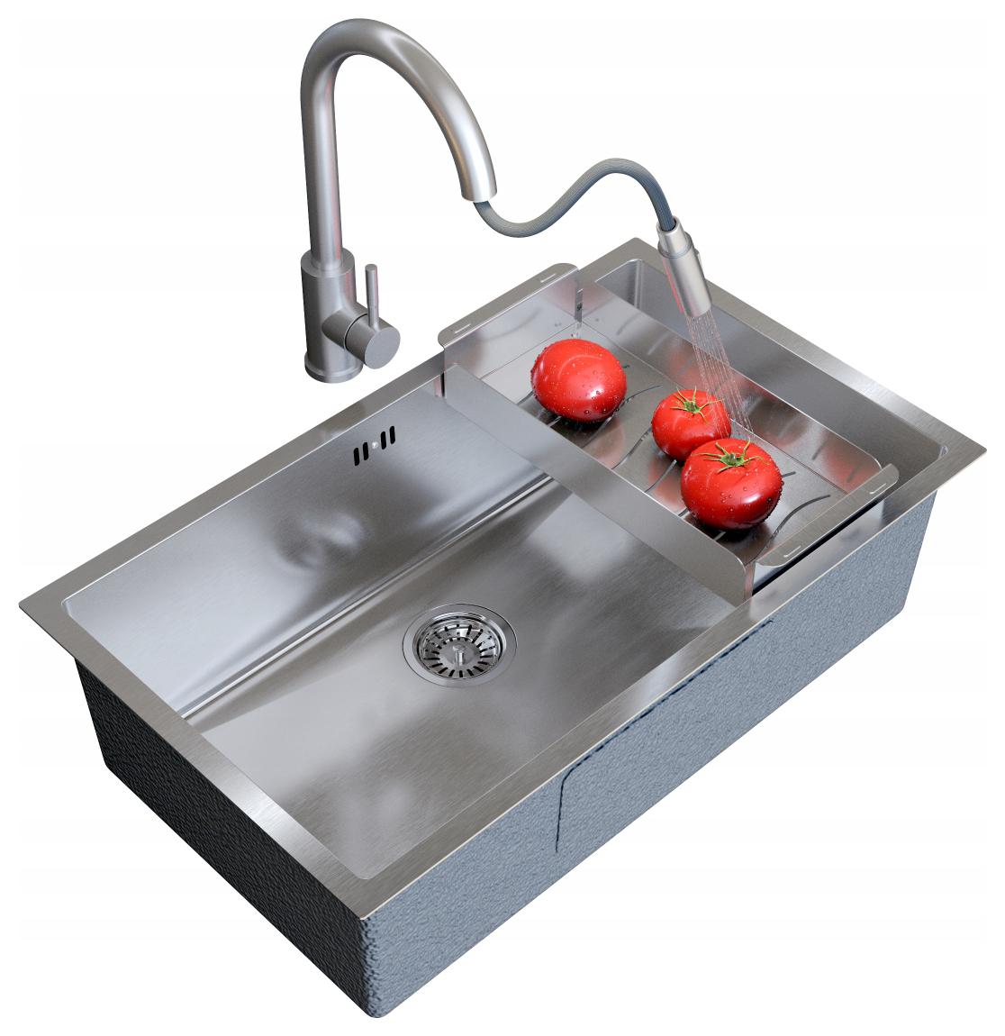 Ocelový dřez BARI74 Sada dřez baterie Loseto sifon ocelová vložka