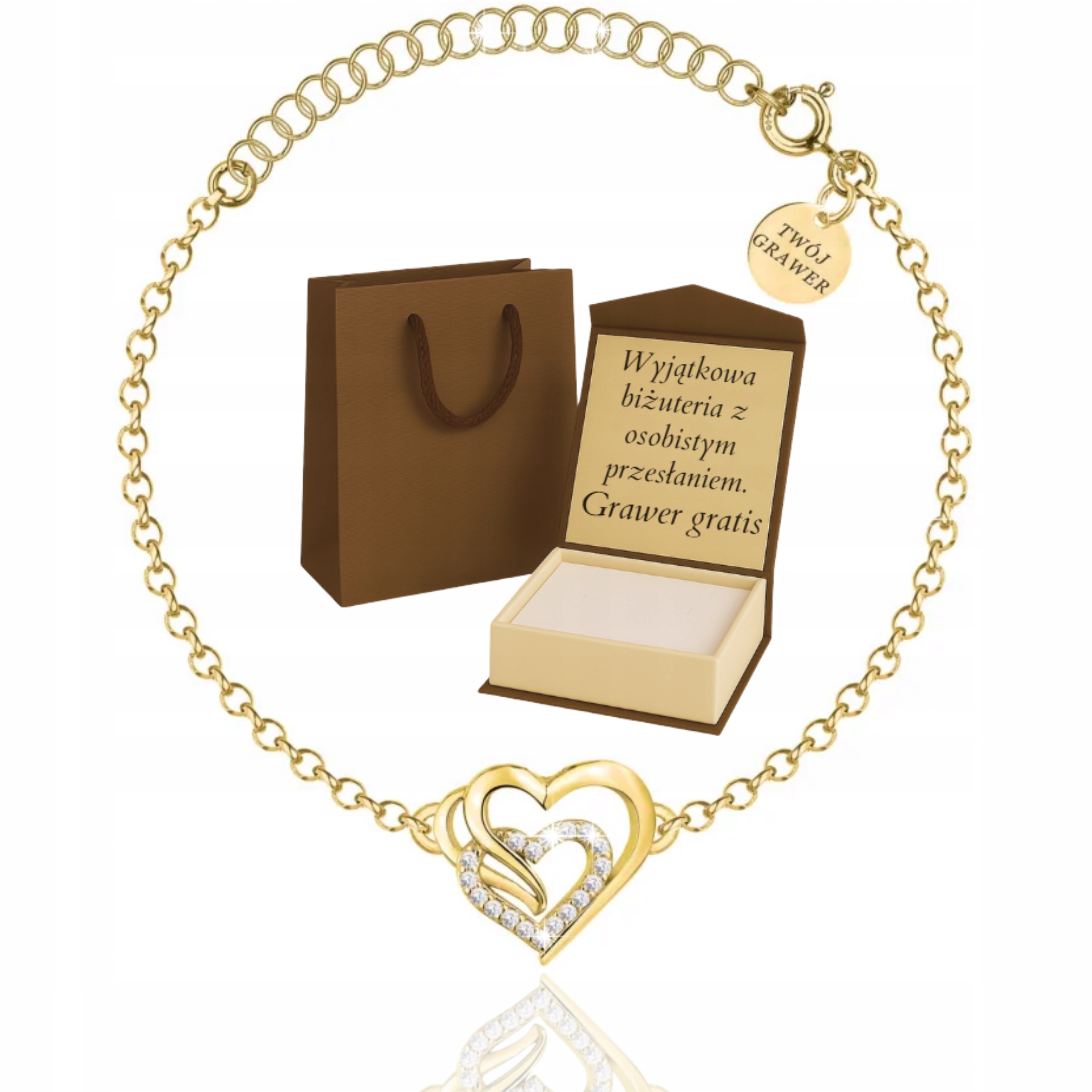 Pozlacený Dámský Náramek Dvojité Srdce Zirkony PR.585 -1,3 MM Gravírování