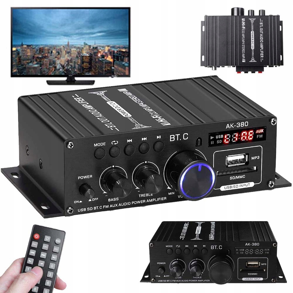 MINI WZMACNIACZ STEREO MOCNY BLUETOOTH RCA AUX USB SD TF CARD FM RADIO