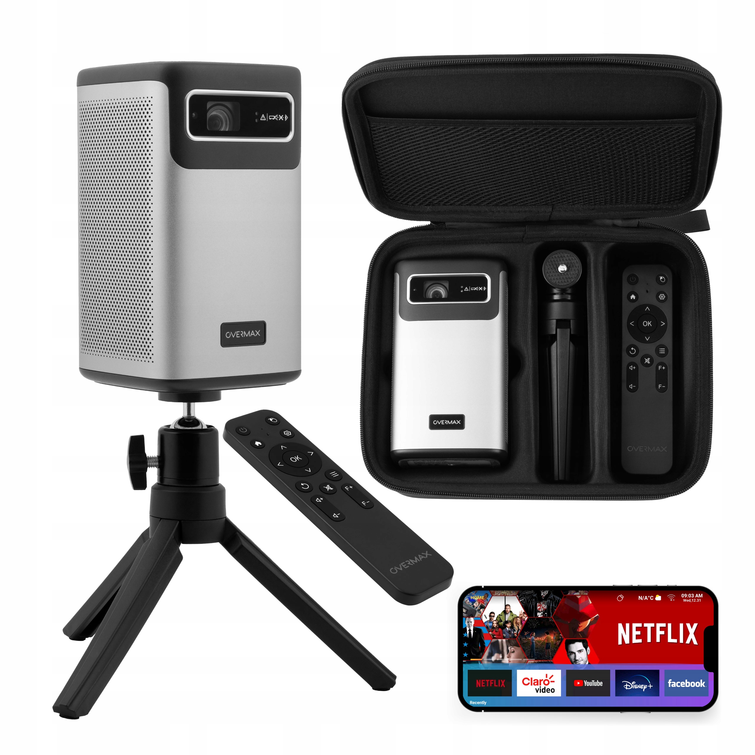 Přenosný Projektor 4K Focus Keystone 9.0 200“ Pilot Pouzdro Stativ